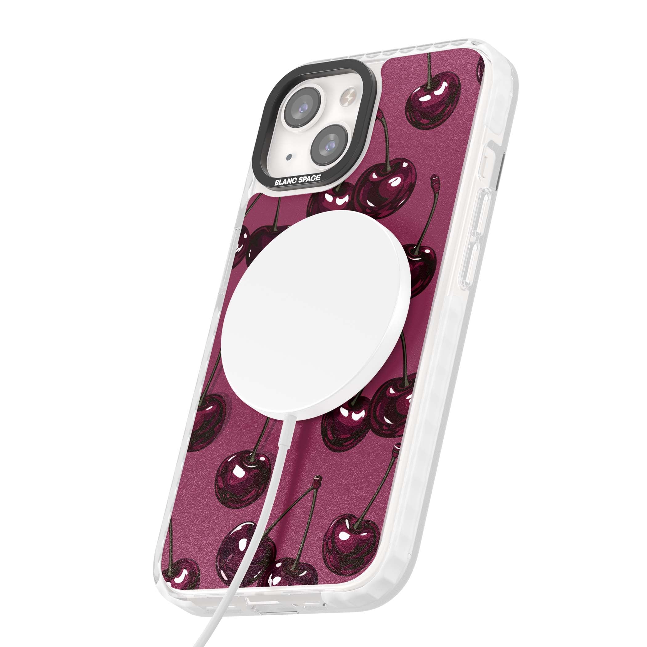 Cherry Soda coquette iPhone case featuring glossy burgundy cherries on a dusty pink background | Impact Magsafe case for iPhone 13, iPhone 14, iPhone 15