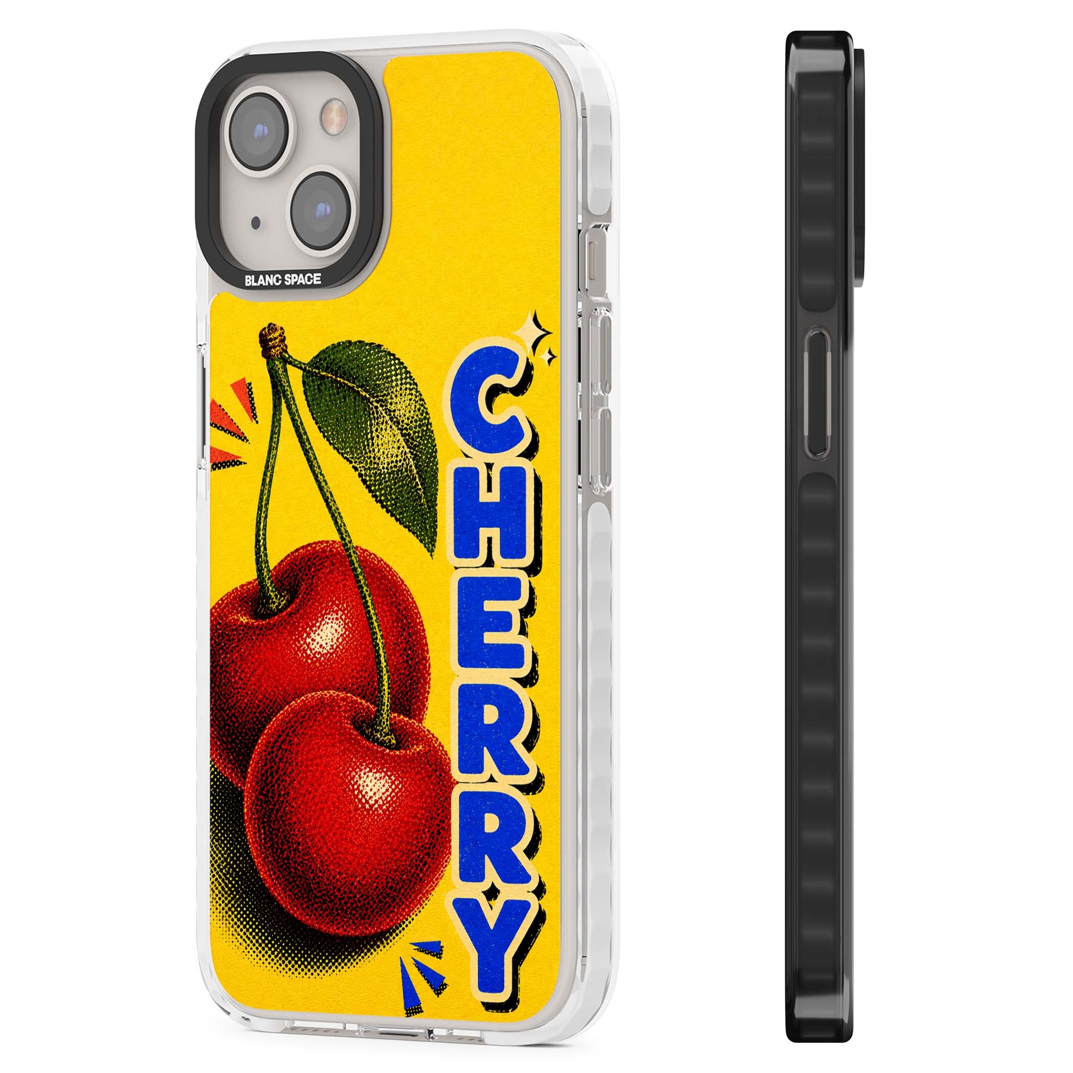 Cherry Yellow y2k iPhone case featuring two red cherries, halftone shading and bold blue CHERRY lettering on yellow | Impact Magsafe case for iPhone 13, iPhone 14, iPhone 15