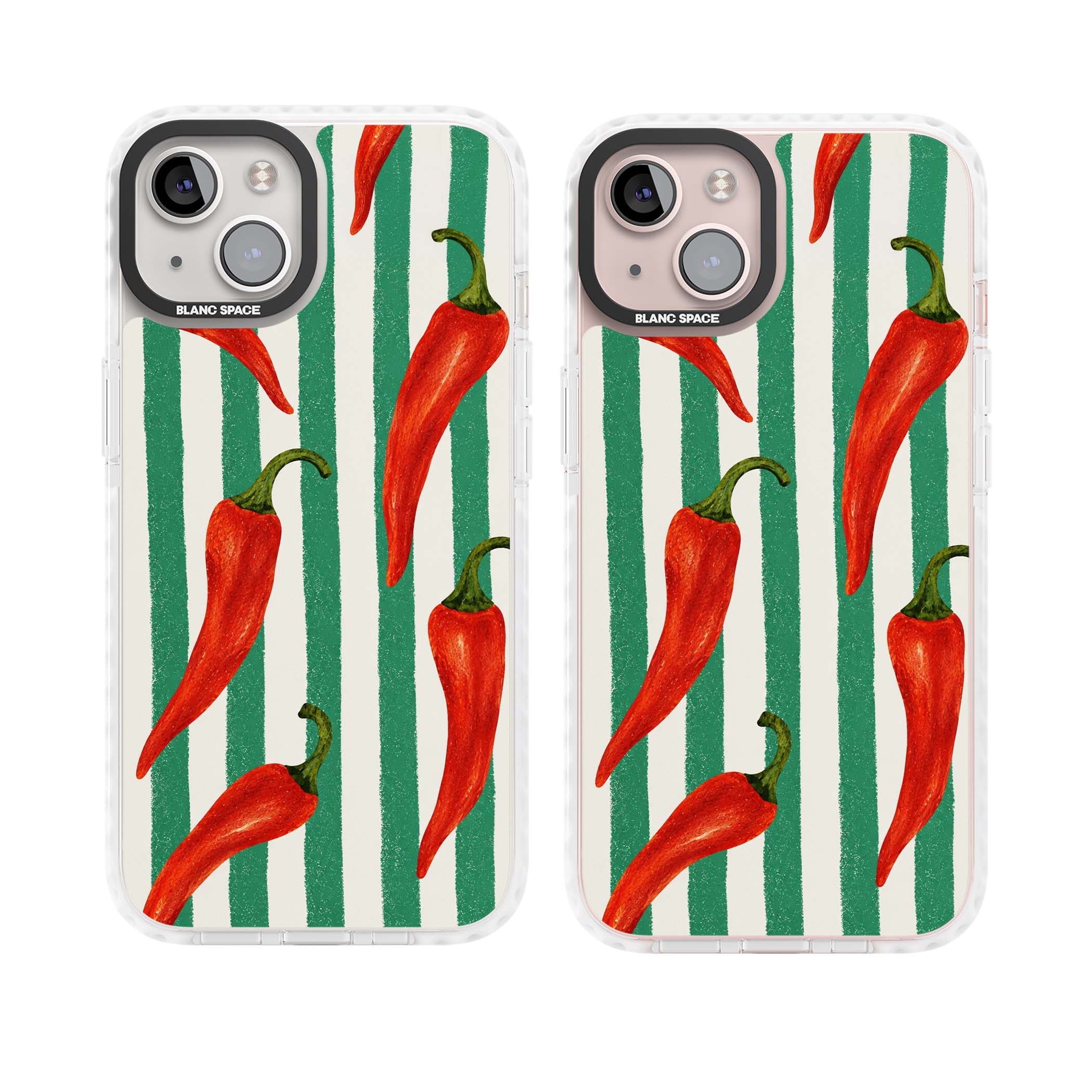 Striped Chillis coastal iPhone case featuring hand-painted red chili peppers on green and cream stripes | Impact Magsafe case for iPhone 13, iPhone 14, iPhone 15