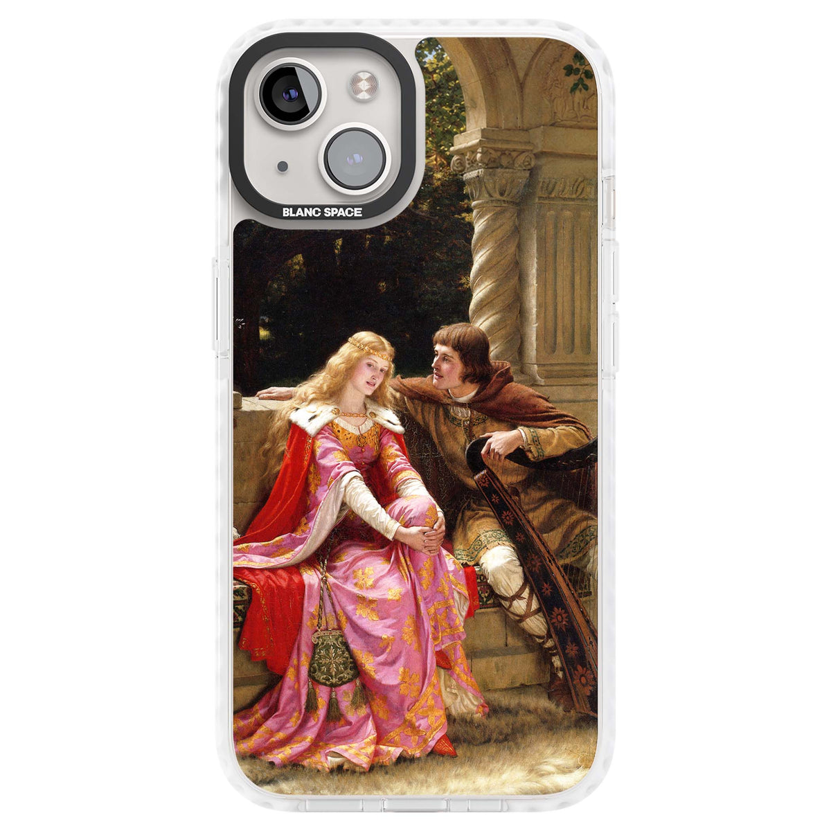 The End of the Song classic art iPhone case featuring a medieval lady in pink gown and her knight in a stone archway | Impact Magsafe case for iPhone 13, iPhone 14, iPhone 15