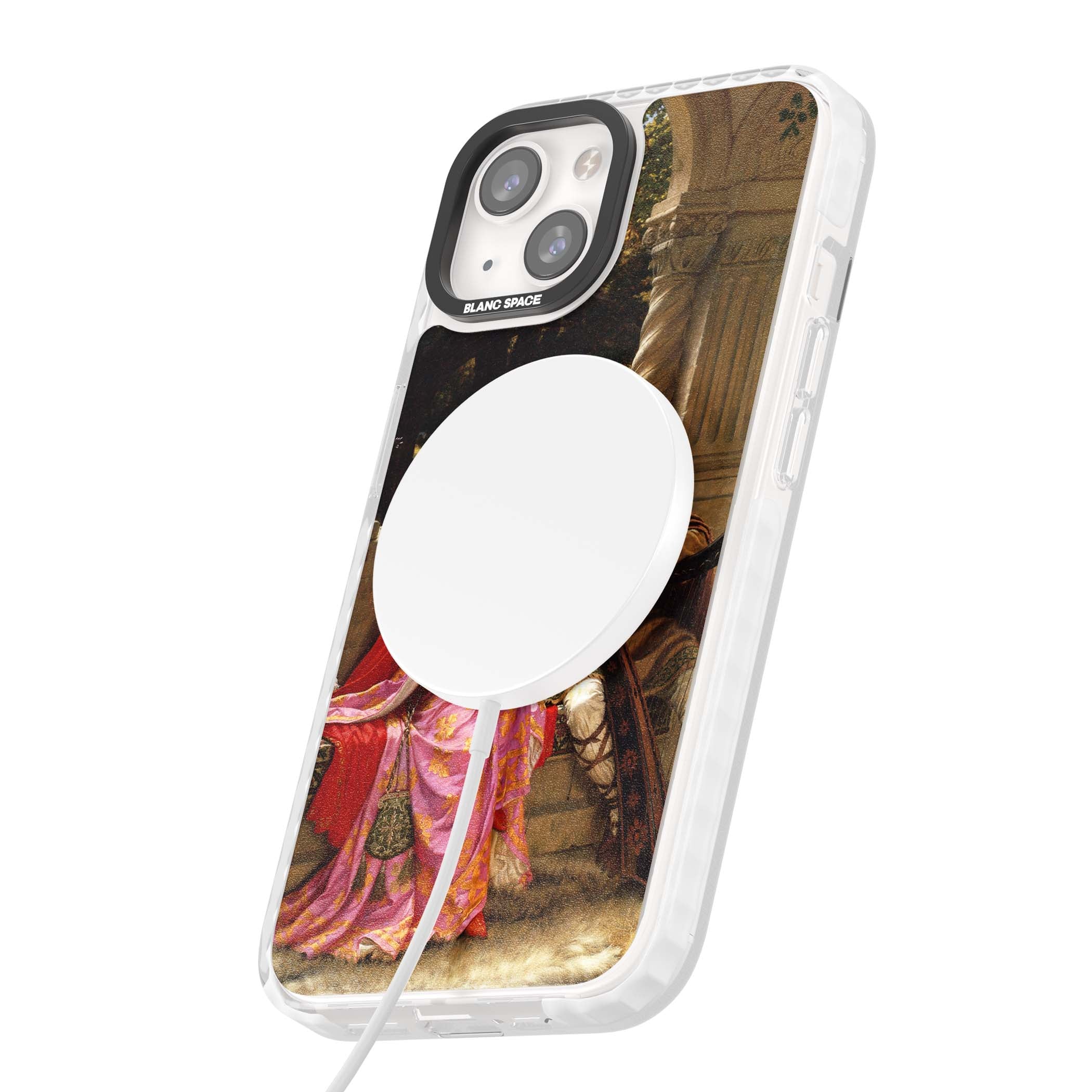 The End of the Song classic art iPhone case featuring a medieval lady in pink gown and her knight in a stone archway | Impact Magsafe case for iPhone 13, iPhone 14, iPhone 15