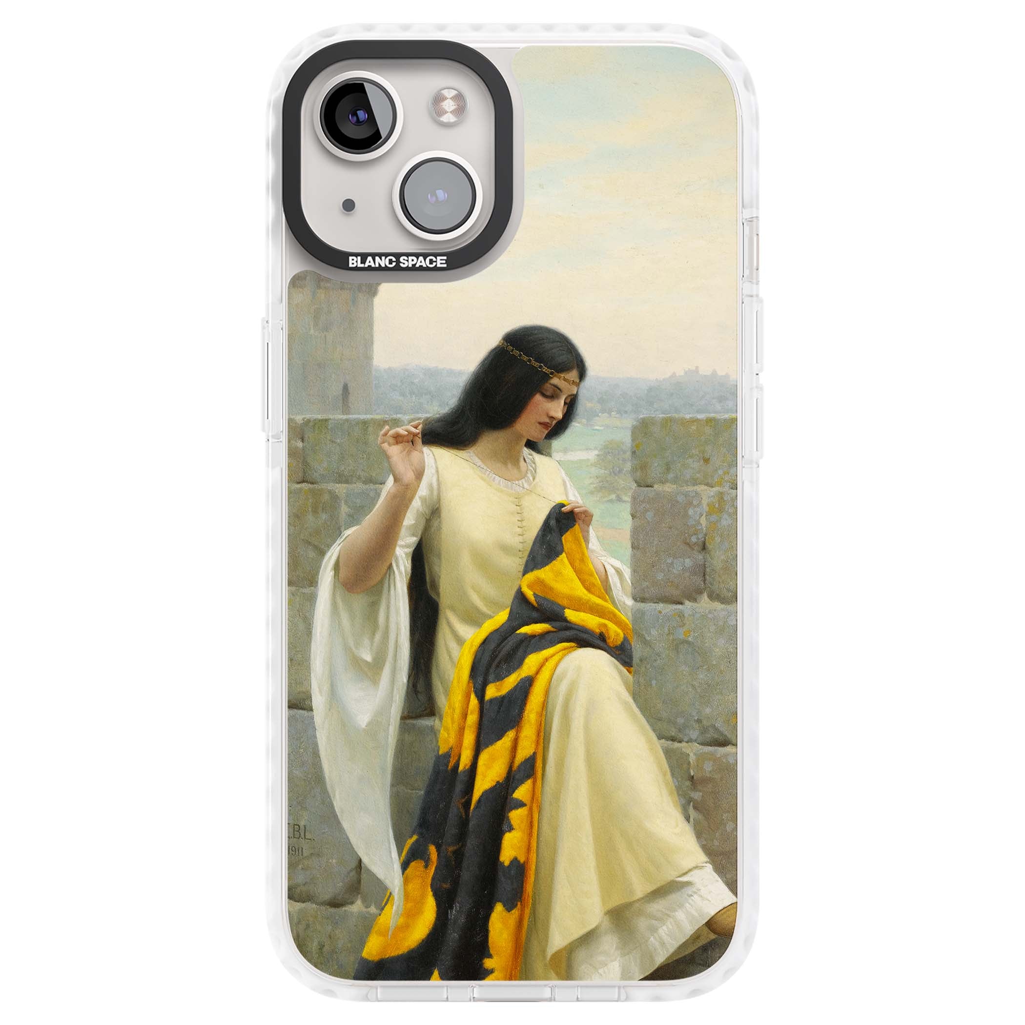 Stitching the Standard renaissance art iPhone case featuring a medieval lady sewing a golden banner on a castle wall | Impact Magsafe case for iPhone 13, iPhone 14, iPhone 15