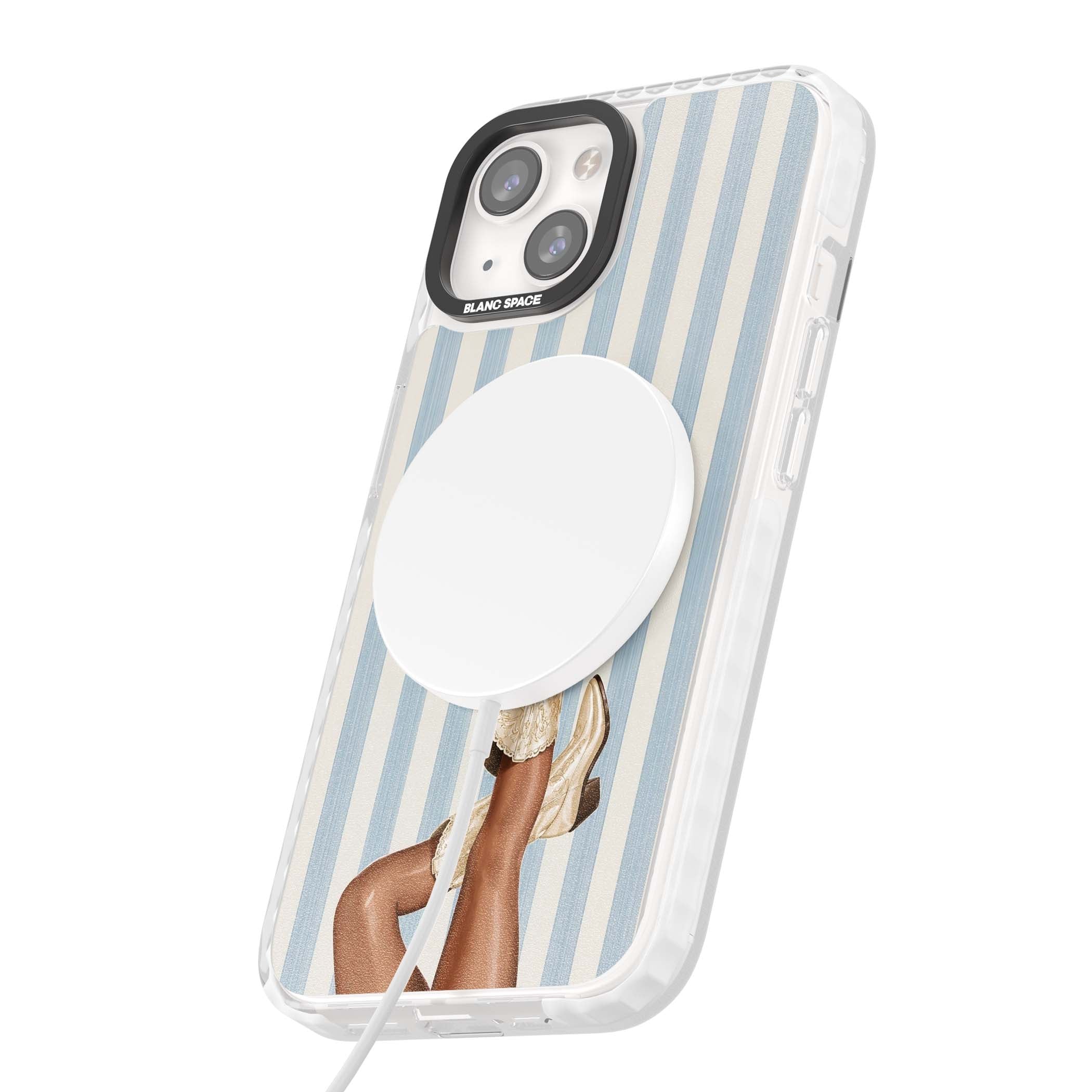 Cowgirl Boots coastal cowgirl iPhone case featuring embroidered western boots, tanned legs and a blue stripe backdrop | Impact Magsafe case for iPhone 13, iPhone 14, iPhone 15