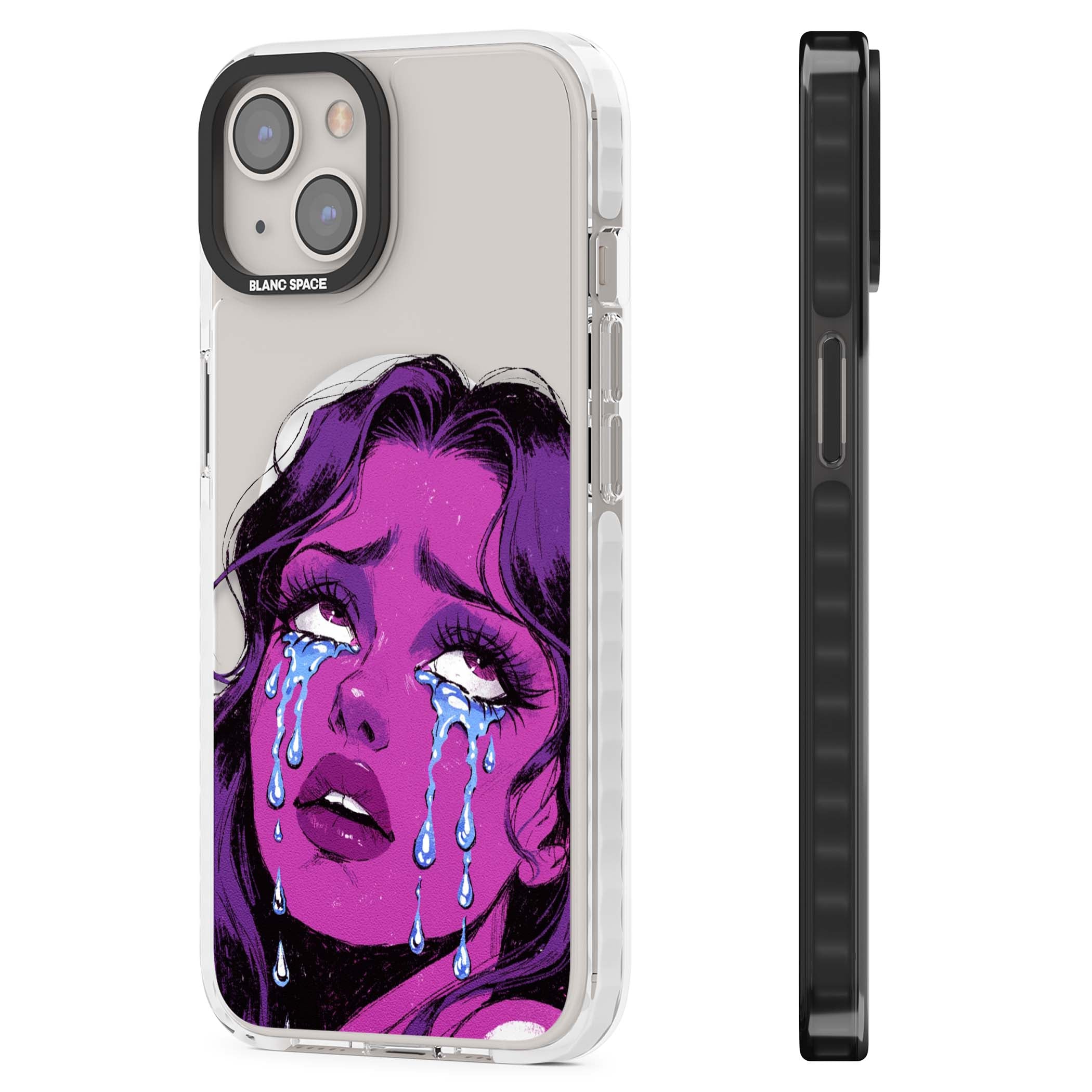 Drama Queen pop art iPhone case featuring a purple crying comic girl with blue tears | Impact Magsafe case for iPhone 13, iPhone 14, iPhone 15