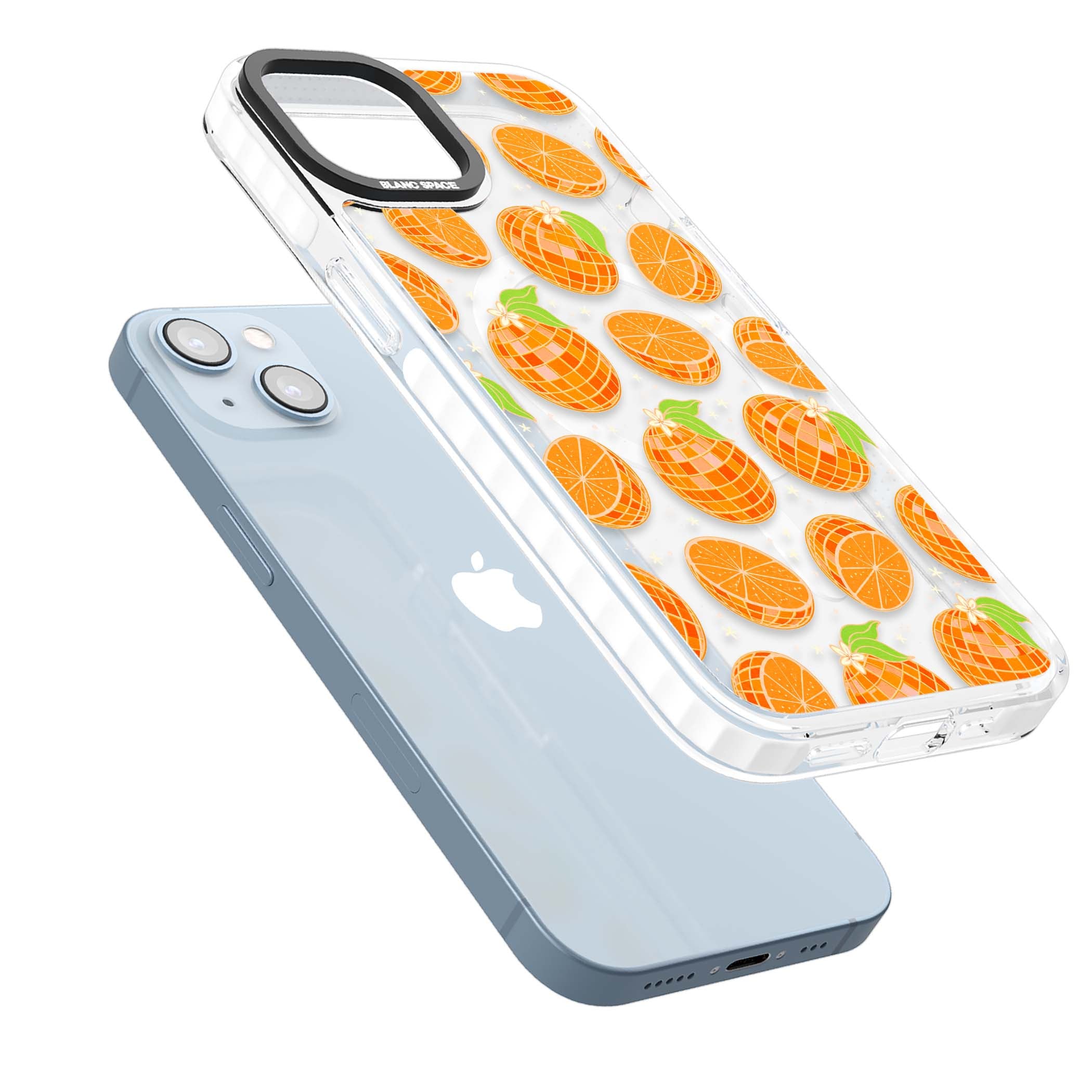 Disco Oranges retro iPhone case featuring mirrorball oranges, citrus slices and tiny blossoms on clear | Impact Magsafe case for iPhone 13, iPhone 14, iPhone 15
