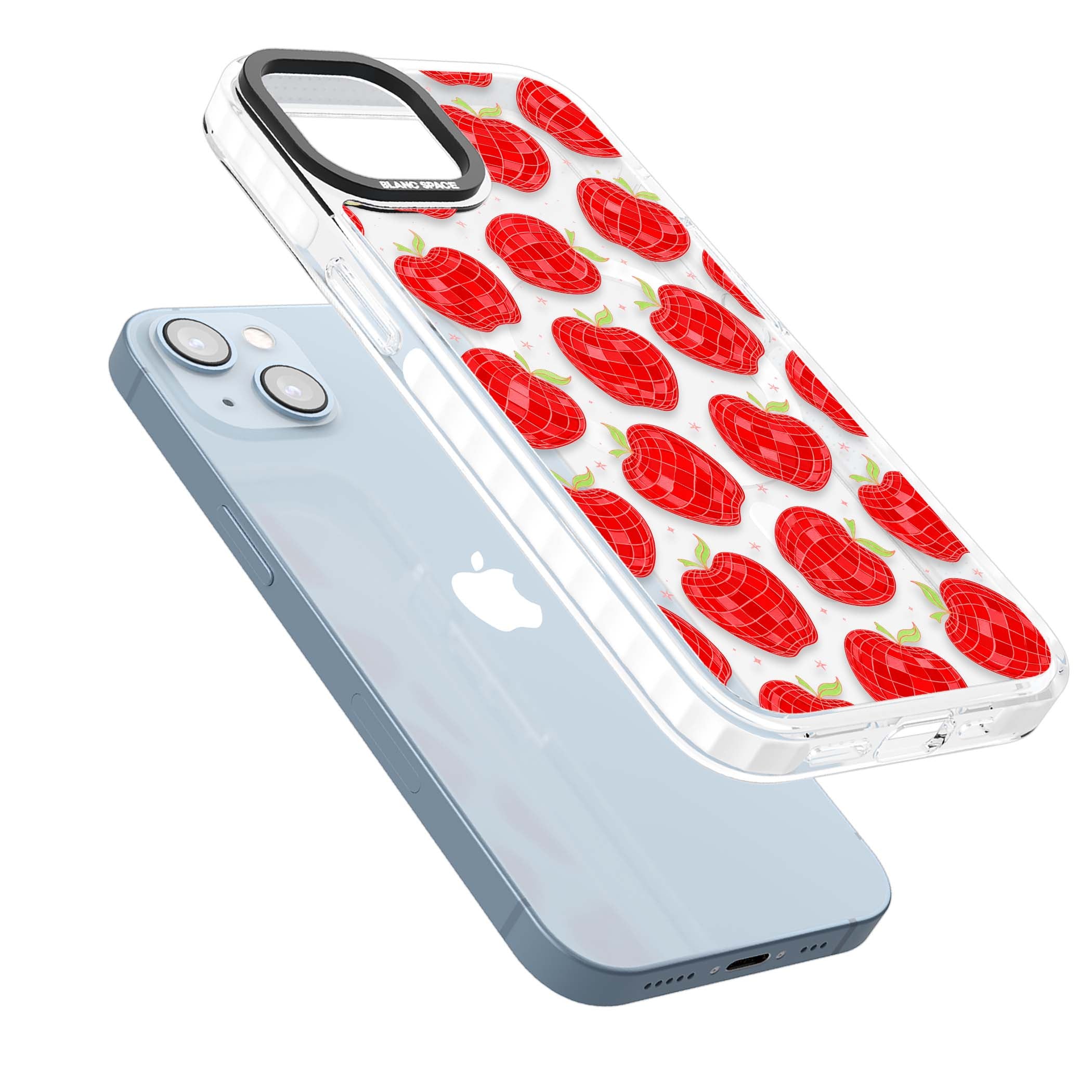 Disco Apples Y2K iPhone case featuring red disco ball apples, green leaves and pink sparkles on clear | Impact Magsafe case for iPhone 13, iPhone 14, iPhone 15