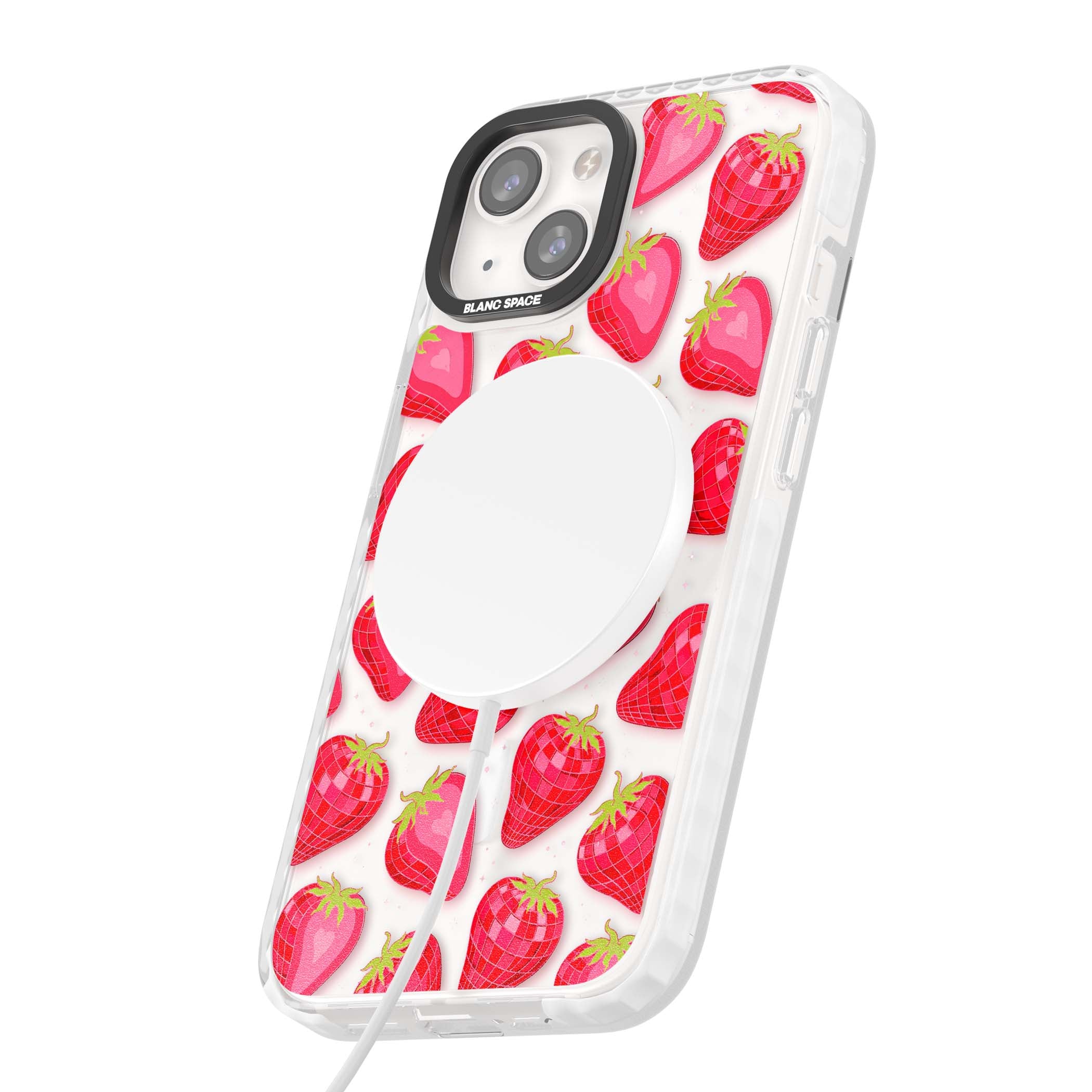 Disco Strawberry Y2K iPhone case featuring pink disco-ball strawberries, green leaves and tiny sparkles | Impact Magsafe case for iPhone 13, iPhone 14, iPhone 15