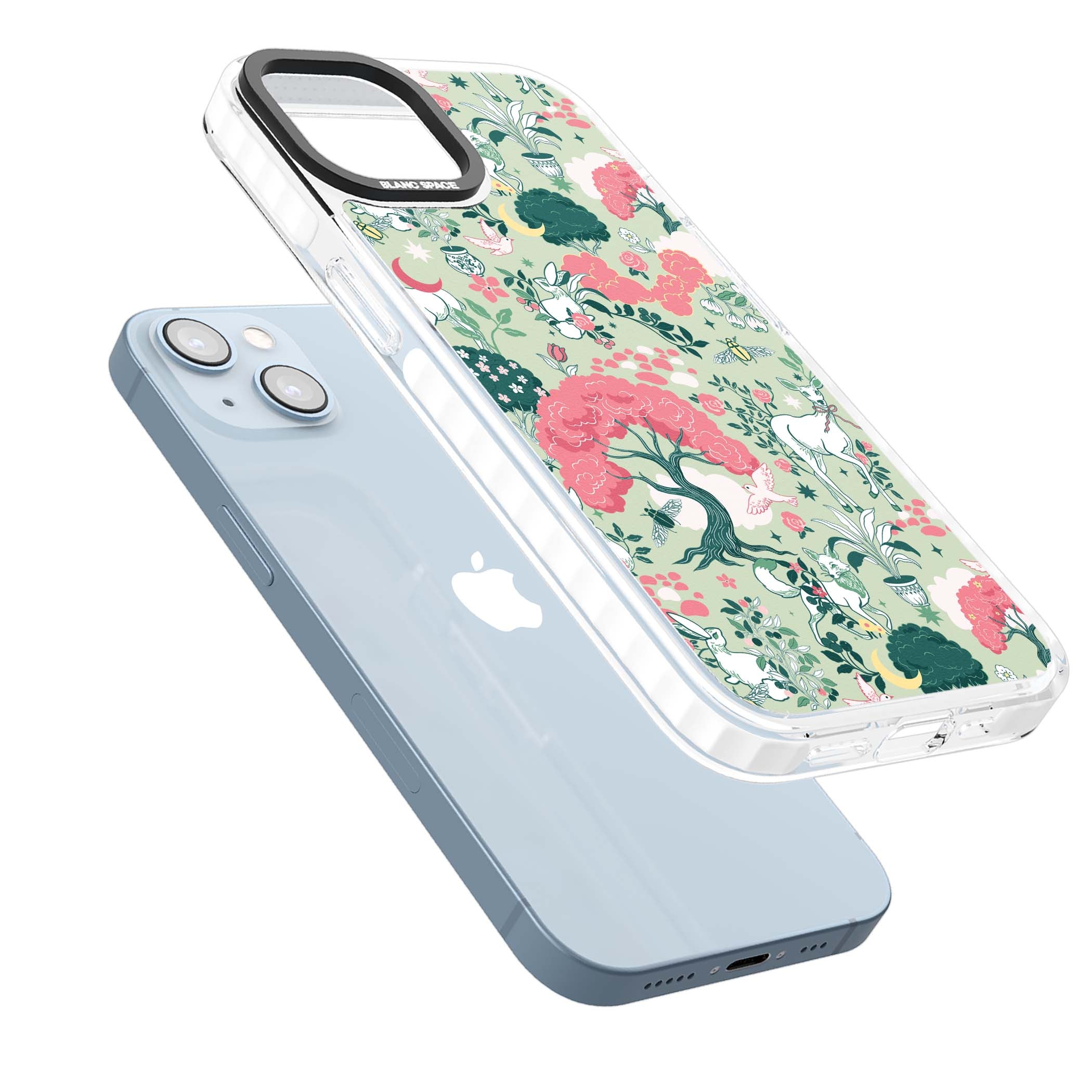 Enchanted Woodland cottagecore iPhone case featuring white deer, pink roses, mushrooms and woodland animals on sage green | Impact Magsafe case for iPhone 13, iPhone 14, iPhone 15