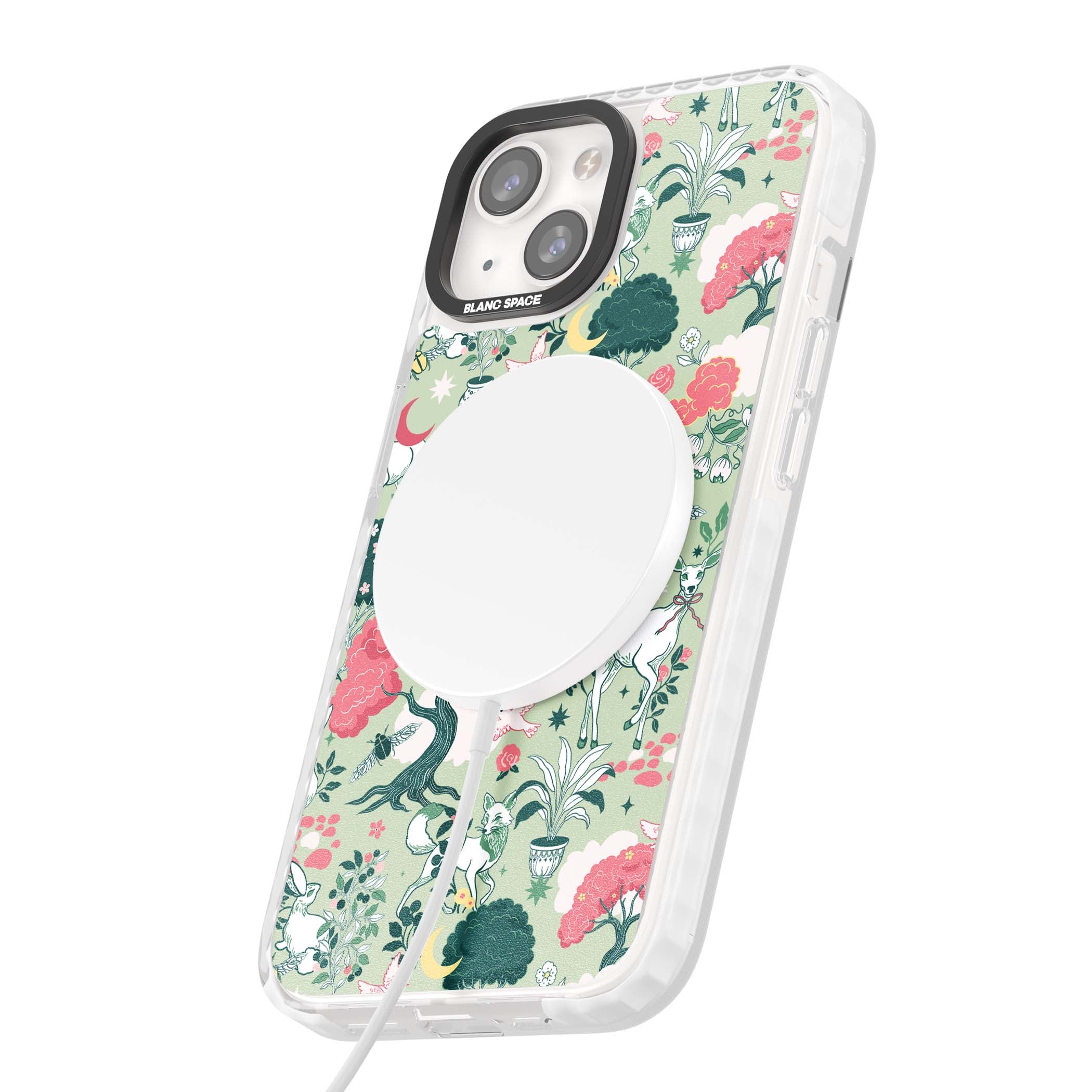 Enchanted Woodland cottagecore iPhone case featuring white deer, pink roses, mushrooms and woodland animals on sage green | Impact Magsafe case for iPhone 13, iPhone 14, iPhone 15
