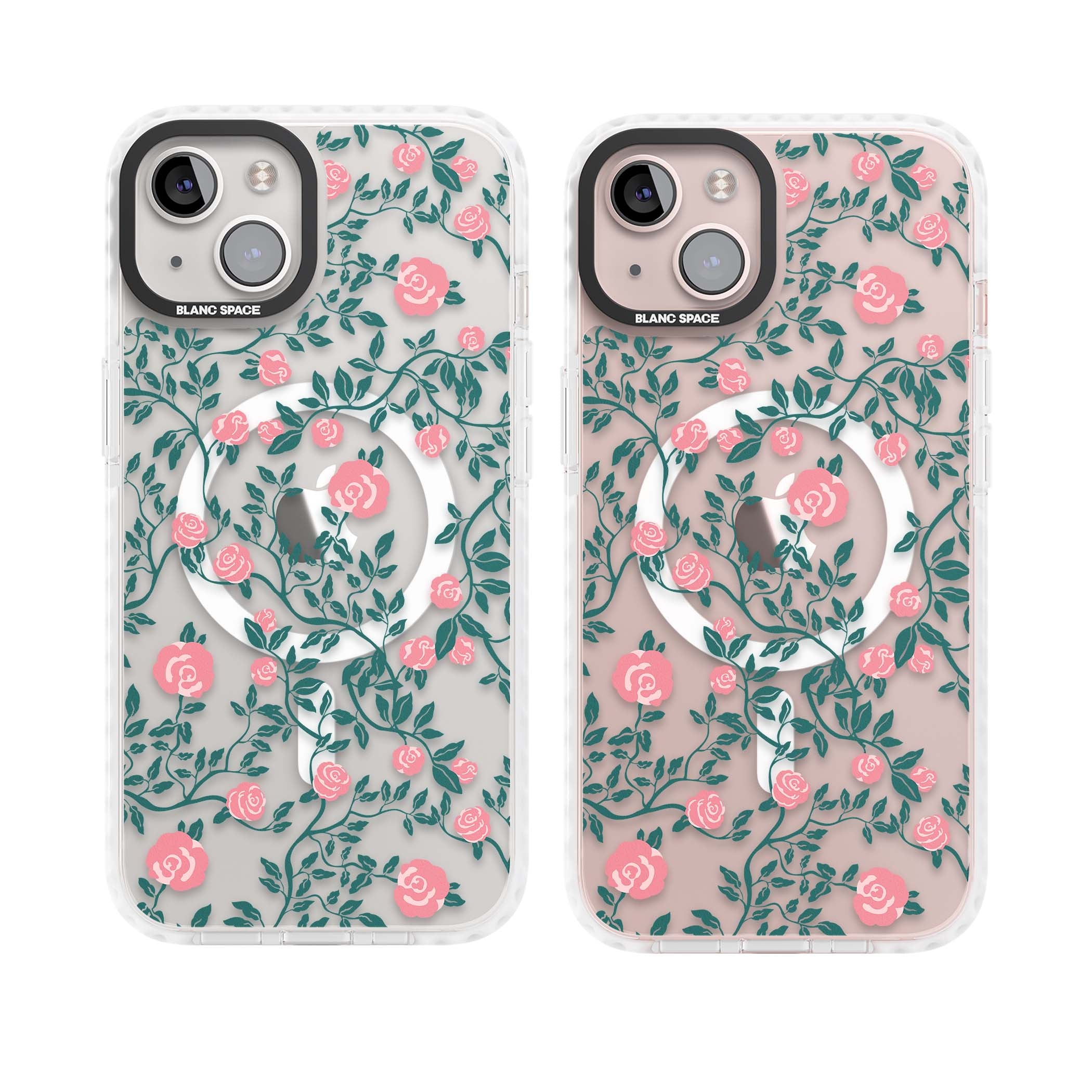 Rose Trellis (Clear) cottagecore iPhone case featuring pink climbing roses and green leaves on clear background | Impact Magsafe case for iPhone 13, iPhone 14, iPhone 15