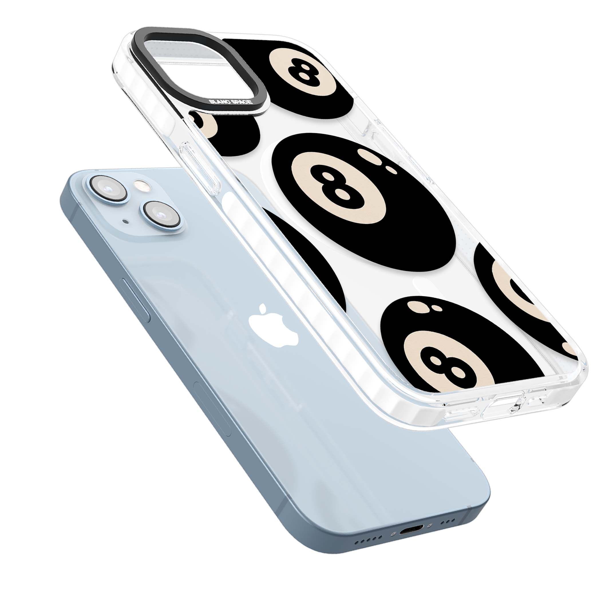 Eights y2k iPhone case featuring scattered black 8 balls with cream highlights on a clear background | Impact Magsafe case for iPhone 13, iPhone 14, iPhone 15