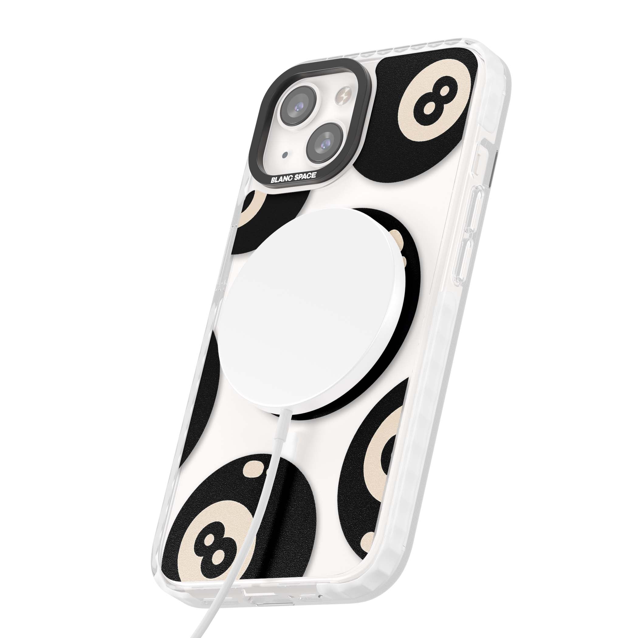 Eights y2k iPhone case featuring scattered black 8 balls with cream highlights on a clear background | Impact Magsafe case for iPhone 13, iPhone 14, iPhone 15