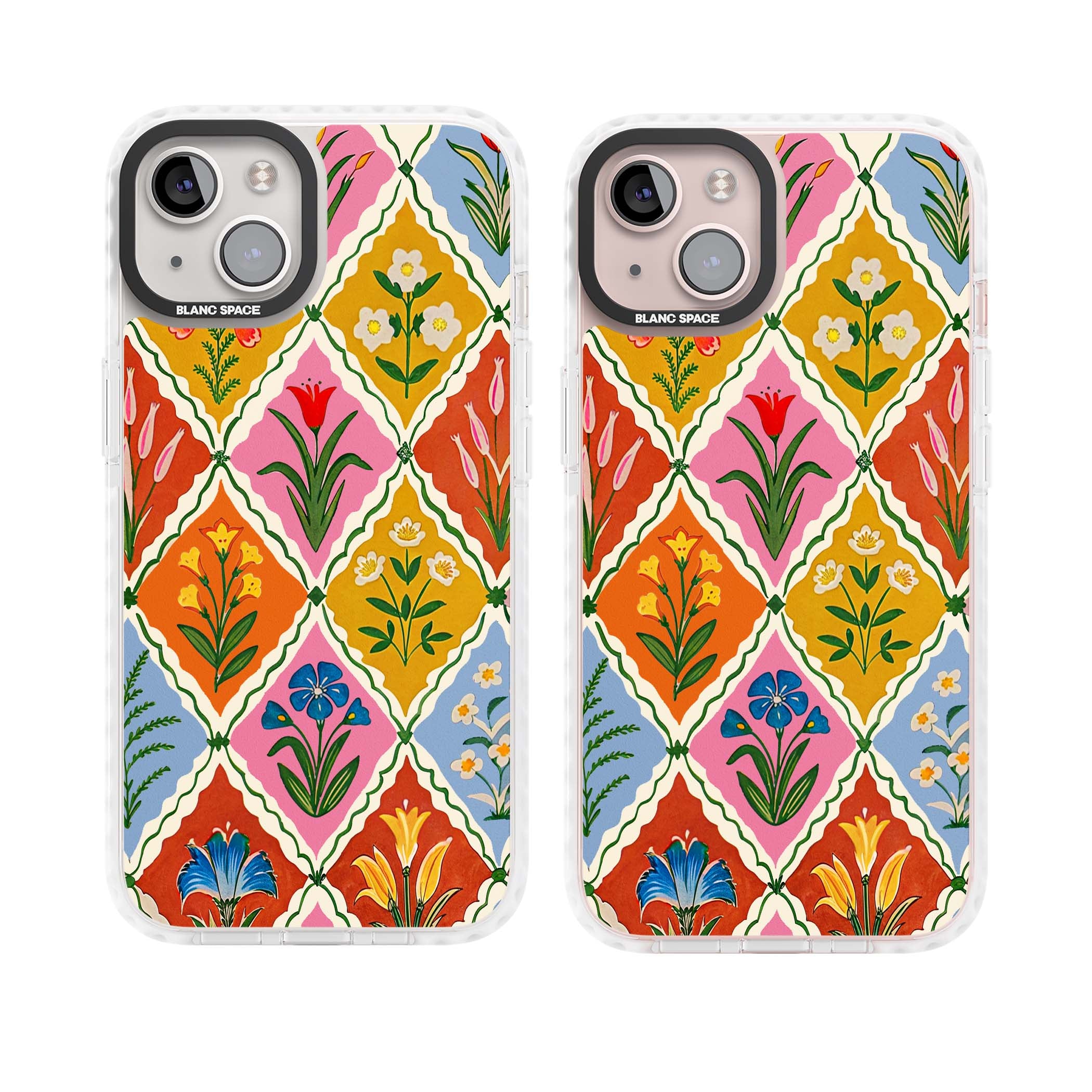 Floral Quilt boho floral iPhone case featuring diamond lattice pattern, hand-painted tulips and folk art wildflowers | Impact Magsafe case for iPhone 13, iPhone 14, iPhone 15