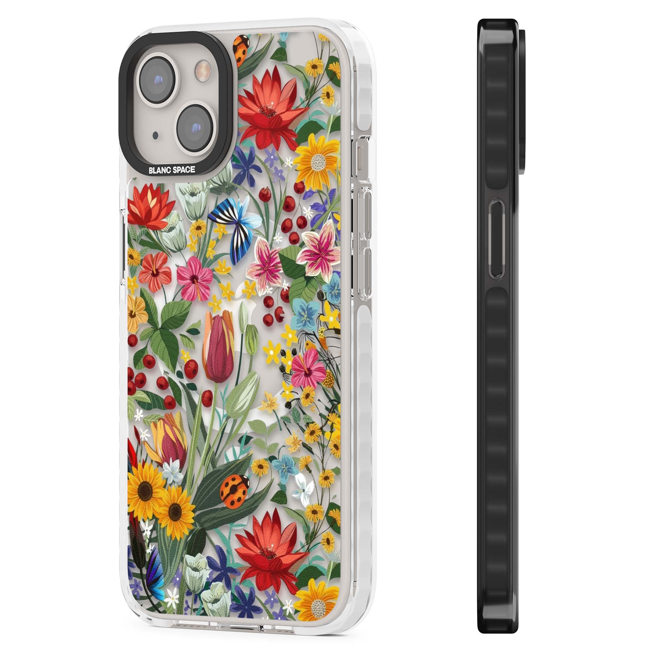 Botanical Bloom cottagecore iPhone case featuring colorful wildflowers, sunflowers, and ladybugs on clear background | Impact Magsafe case for iPhone 13, iPhone 14, iPhone 15