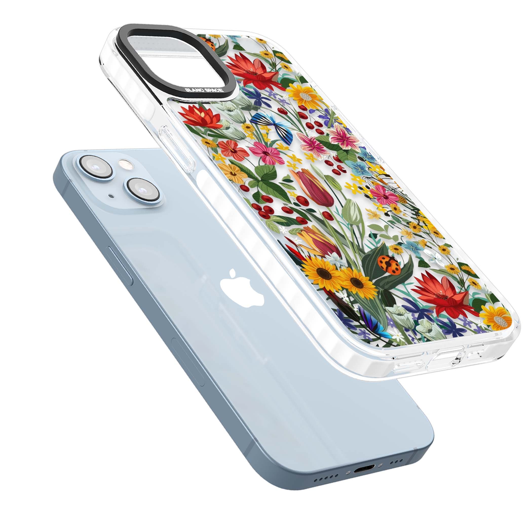 Botanical Bloom cottagecore iPhone case featuring colorful wildflowers, sunflowers, and ladybugs on clear background | Impact Magsafe case for iPhone 13, iPhone 14, iPhone 15