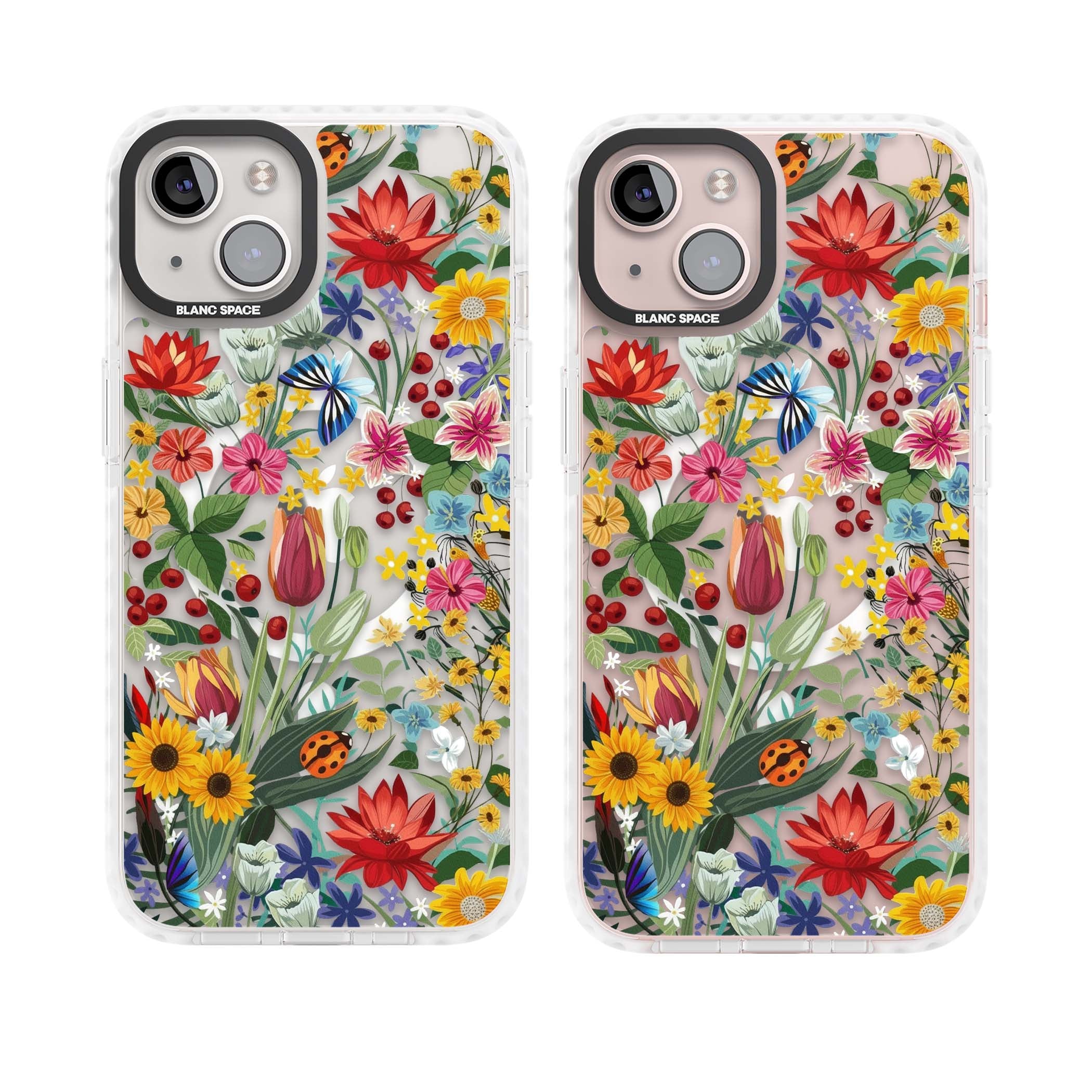 Botanical Bloom cottagecore iPhone case featuring colorful wildflowers, sunflowers, and ladybugs on clear background | Impact Magsafe case for iPhone 13, iPhone 14, iPhone 15