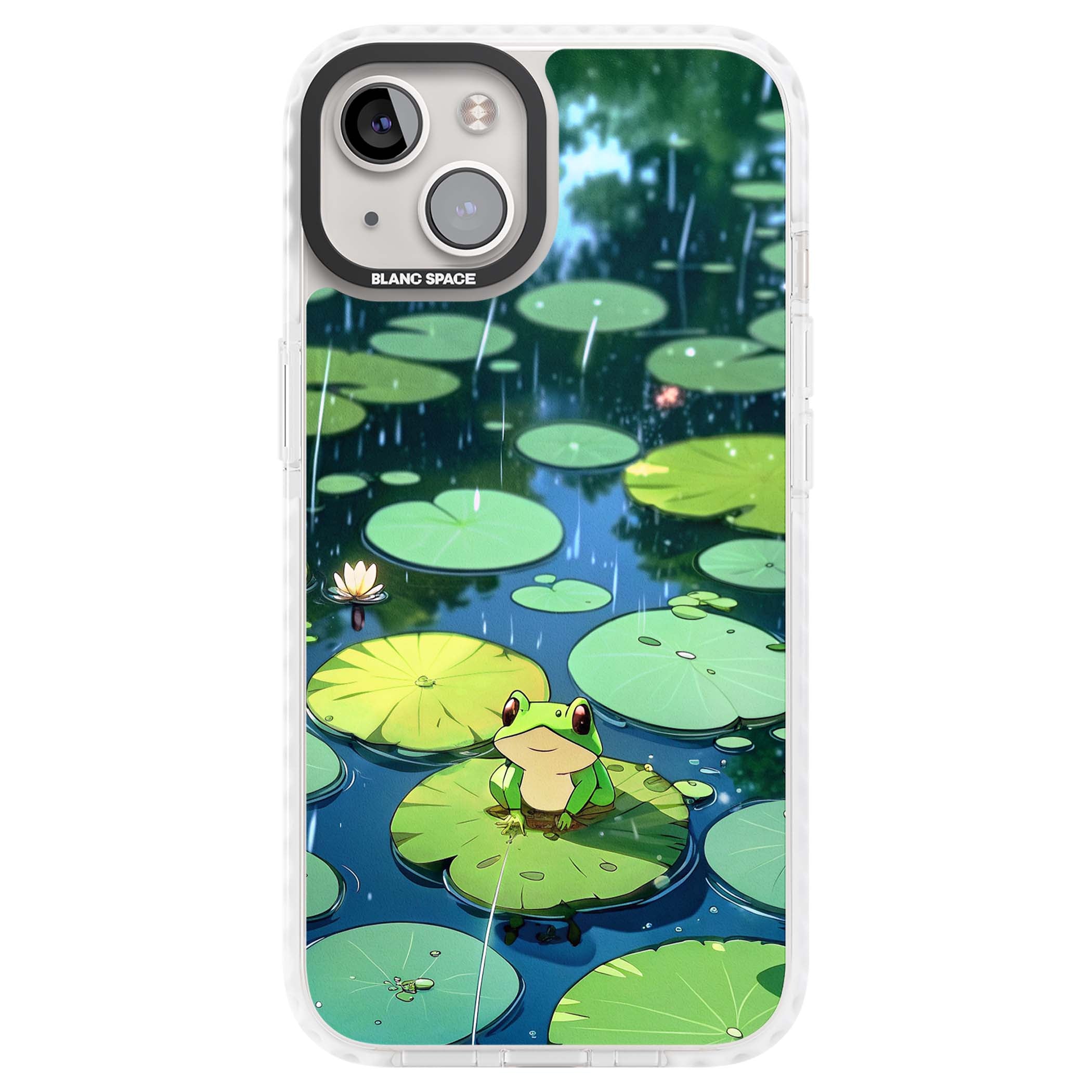 Frog In Lily Pond cottagecore iPhone case featuring a cute green frog on a lily pad with falling rain and a lotus flower | Impact Magsafe case for iPhone 13, iPhone 14, iPhone 15