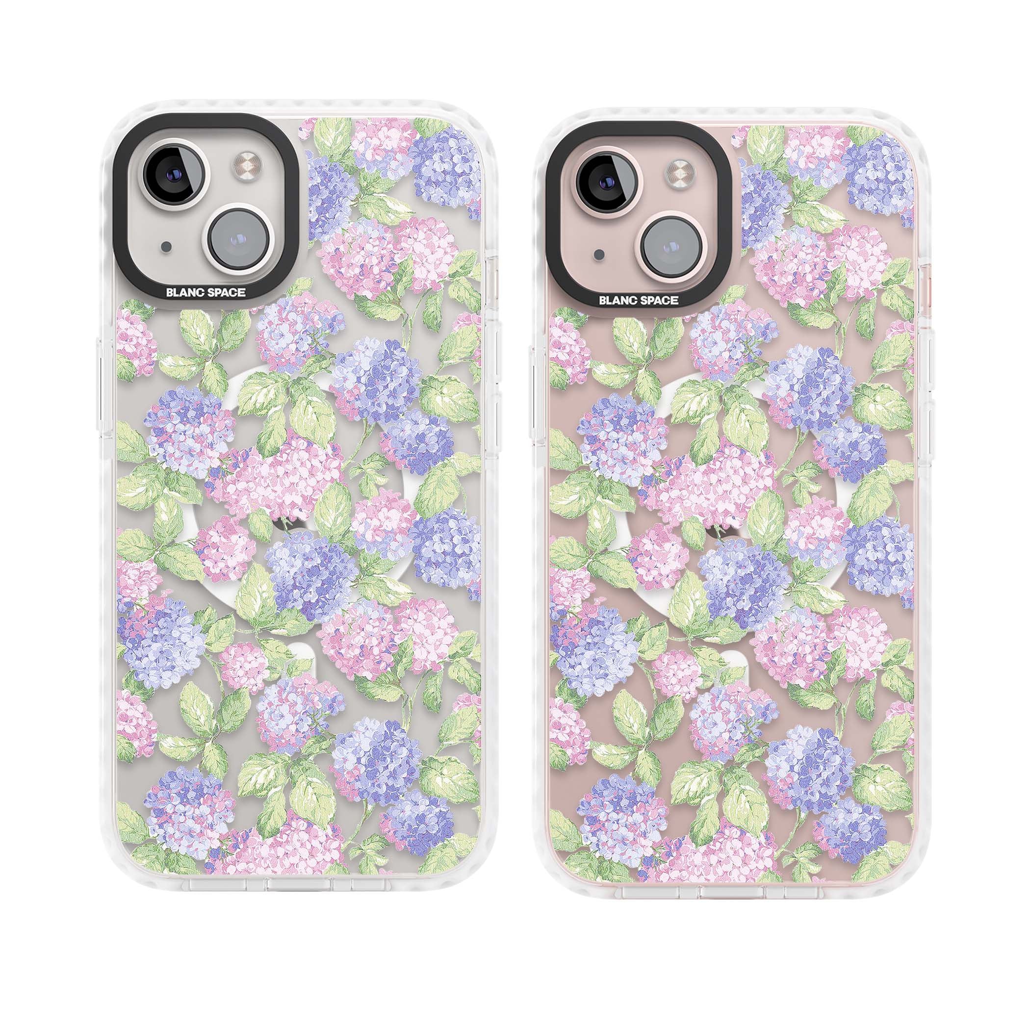 Cottage Hydrangea cottagecore iPhone case featuring pink and purple hydrangea blooms with green leaves on a clear background | Impact Magsafe case for iPhone 13, iPhone 14, iPhone 15