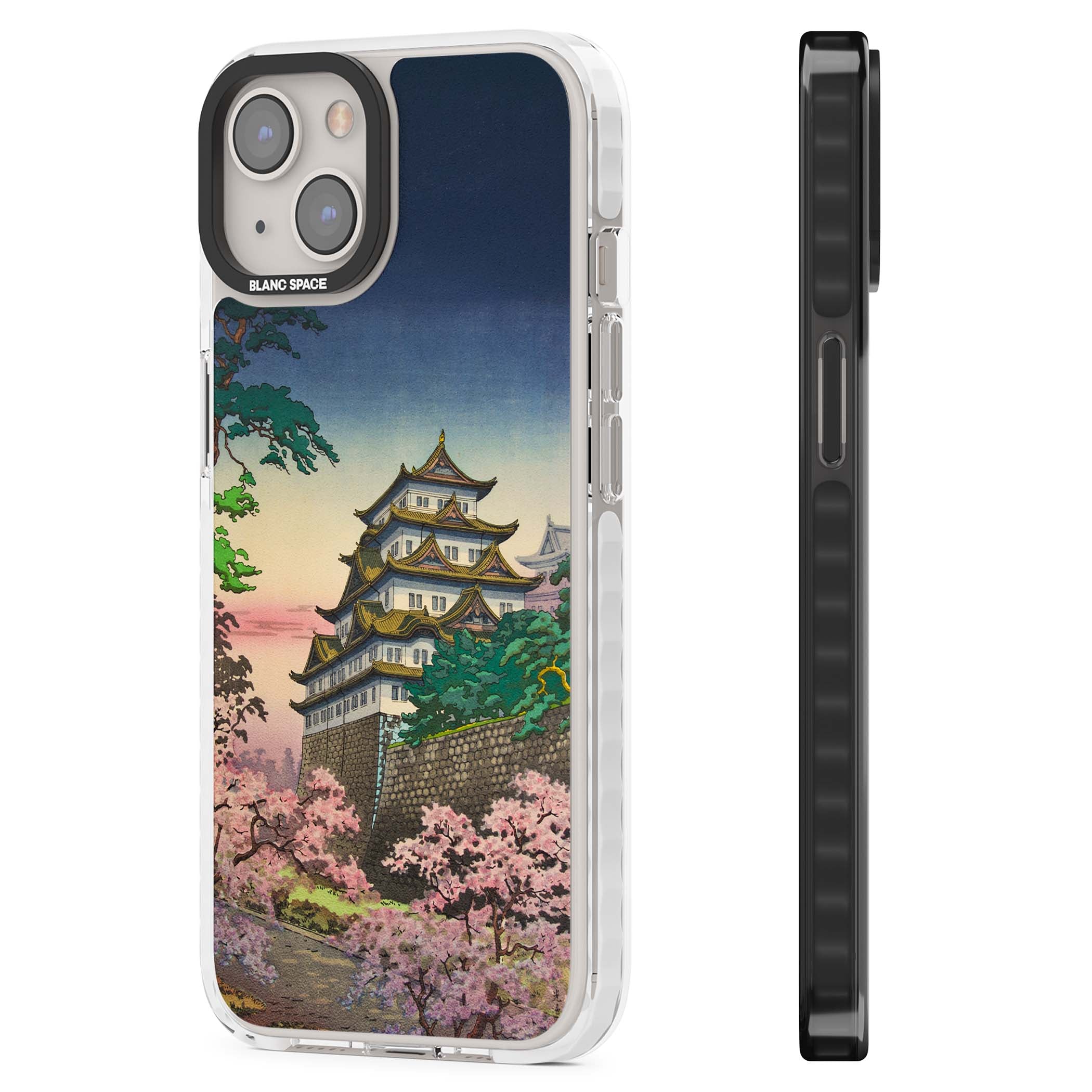 Nagoya Castle Japanese iPhone case featuring a vintage pagoda, twilight sky and cherry blossom trees | Impact Magsafe case for iPhone 13, iPhone 14, iPhone 15