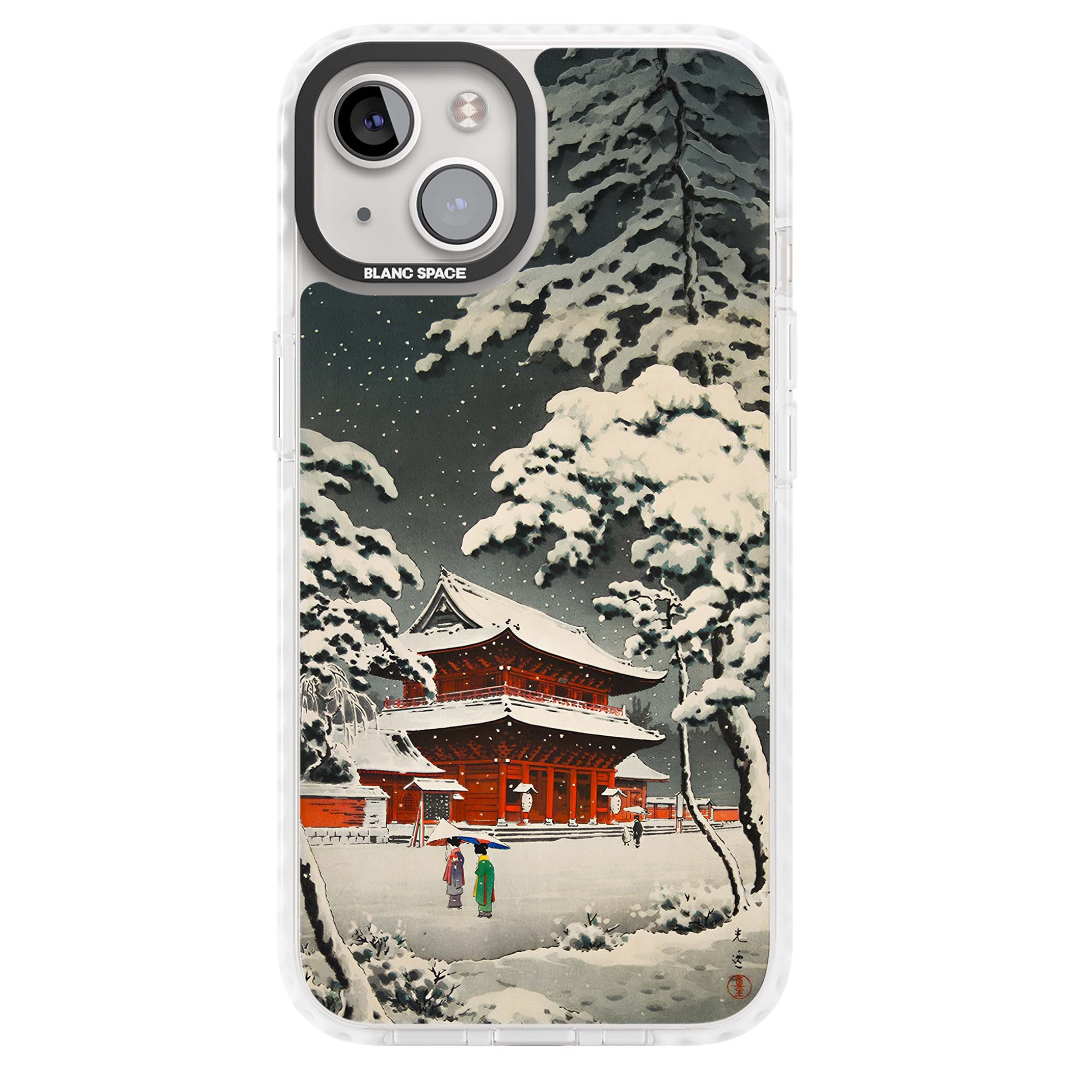 Snow at Shiha Park, Tokyo Japanese art iPhone case featuring a vintage ukiyo-e snowy temple, red pagoda, and snow-covered pin | Impact Magsafe case for iPhone 13, iPhone 14, iPhone 15