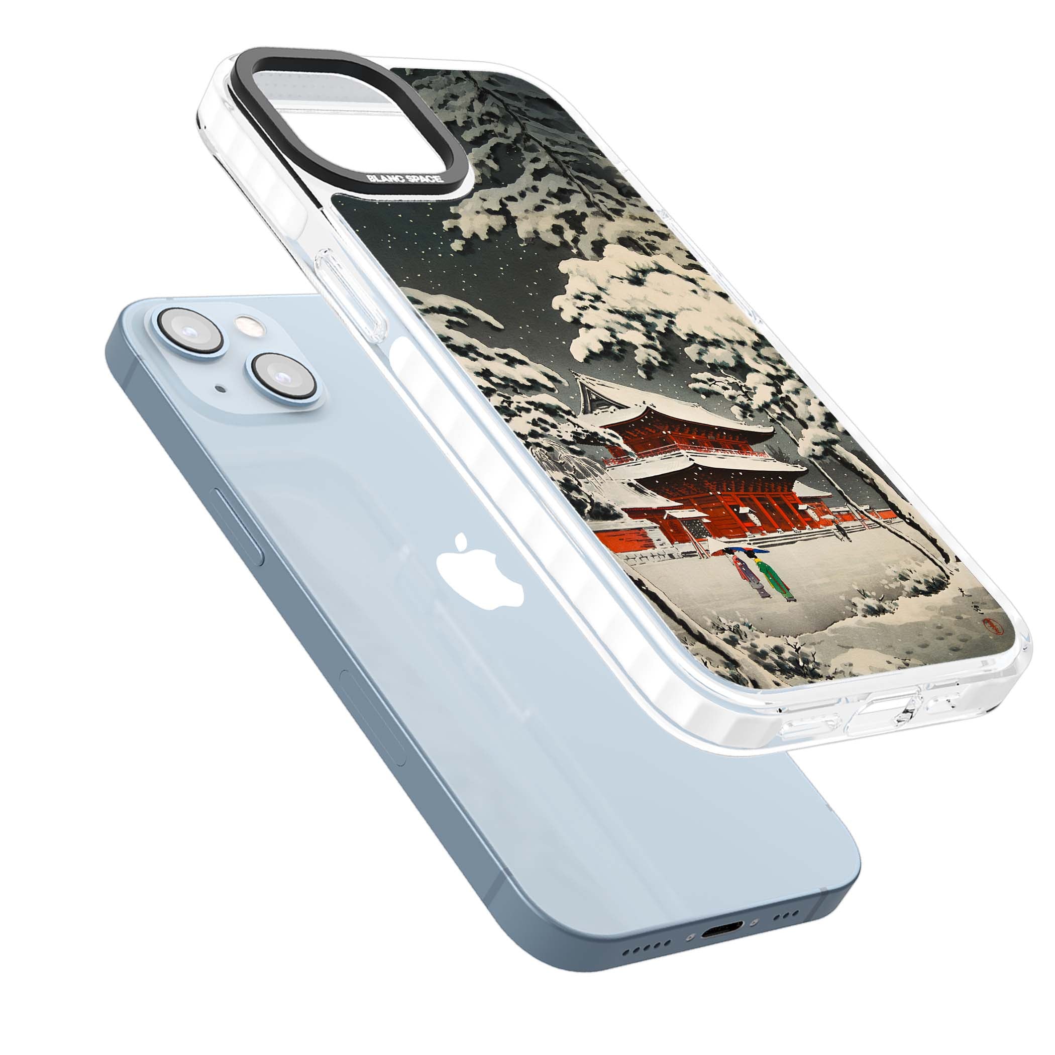 Snow at Shiha Park, Tokyo Japanese art iPhone case featuring a vintage ukiyo-e snowy temple, red pagoda, and snow-covered pin | Impact Magsafe case for iPhone 13, iPhone 14, iPhone 15