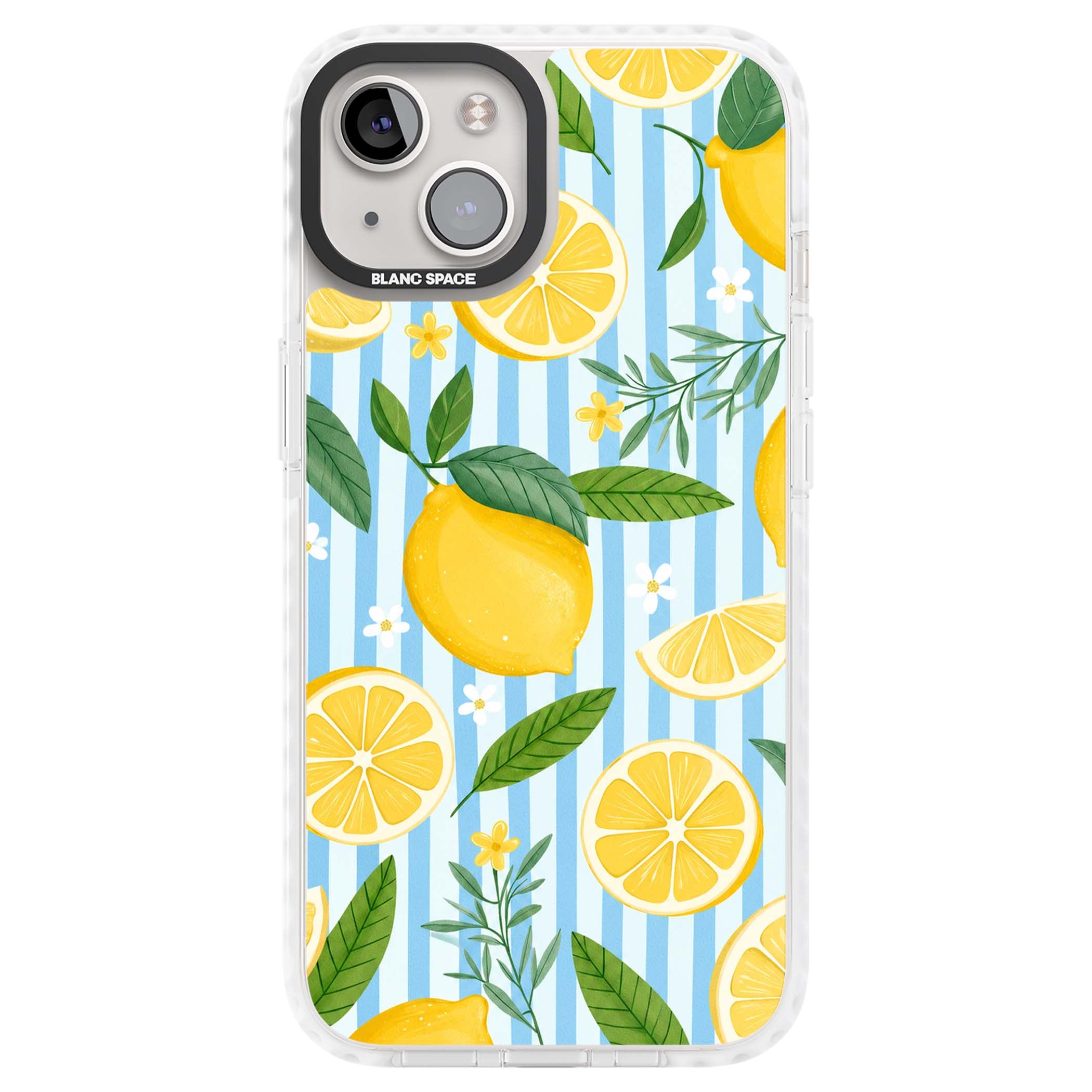 Capri Citrus Stripe coastal iPhone case featuring yellow lemons, blue stripes, and white daisy blossoms | Impact Magsafe case for iPhone 13, iPhone 14, iPhone 15
