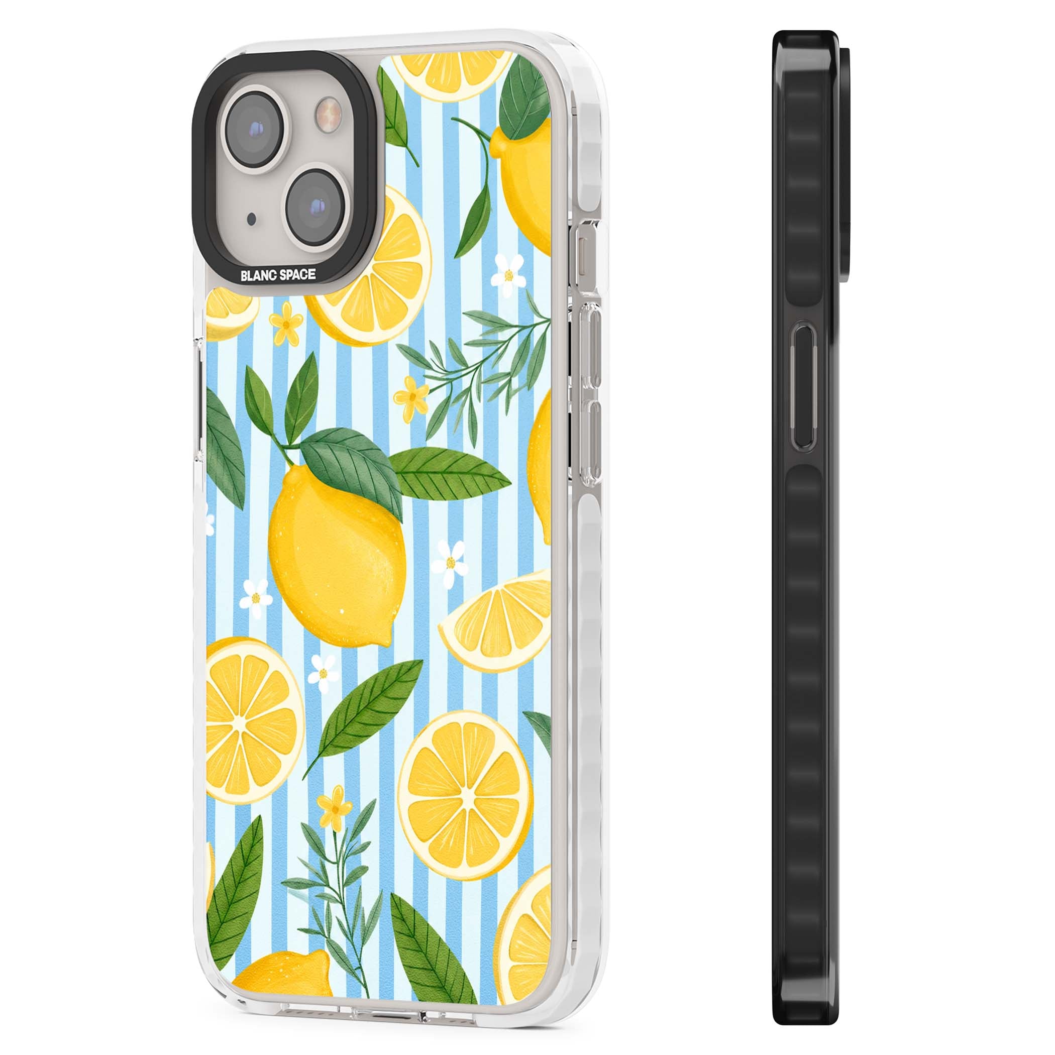 Capri Citrus Stripe coastal iPhone case featuring yellow lemons, blue stripes, and white daisy blossoms | Impact Magsafe case for iPhone 13, iPhone 14, iPhone 15