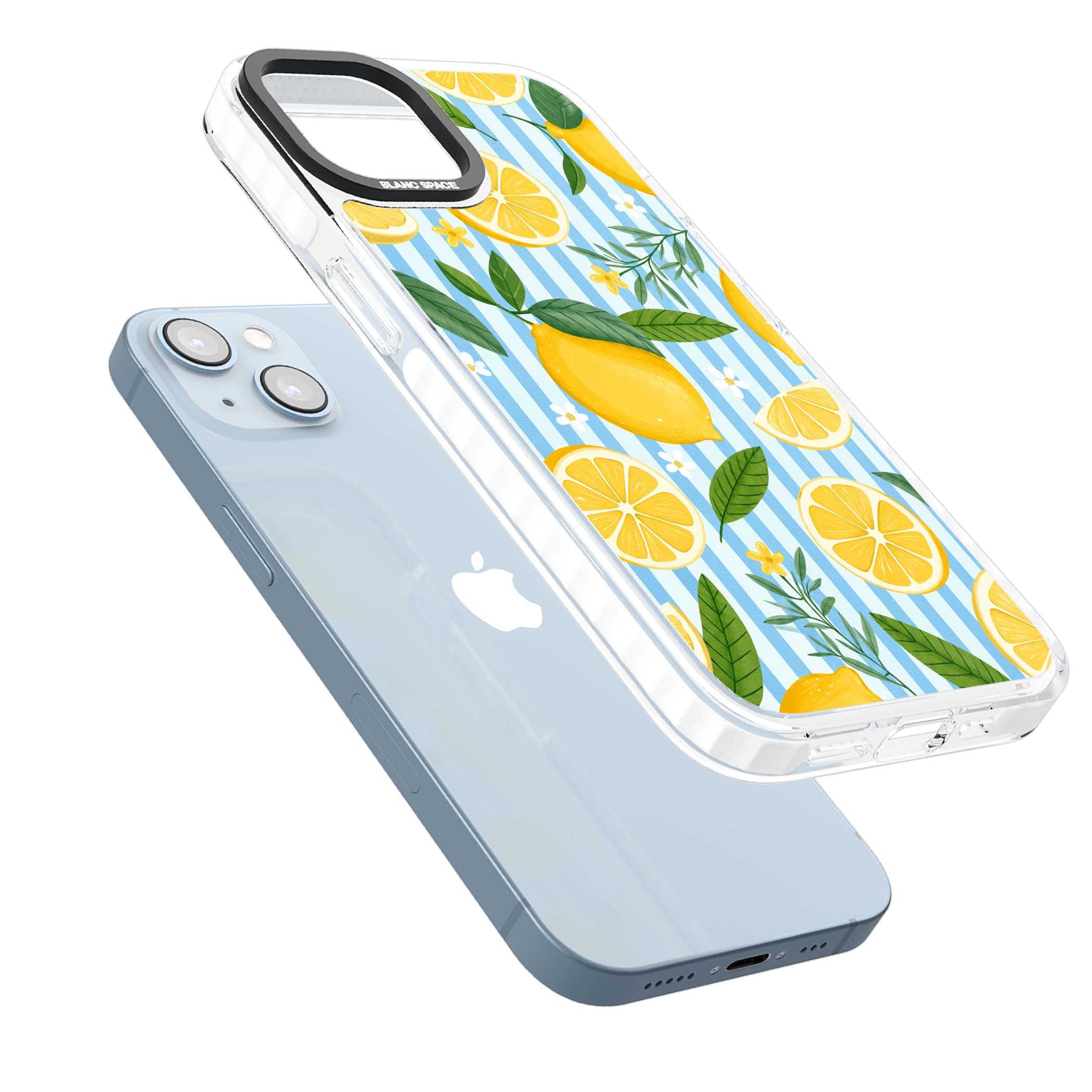 Capri Citrus Stripe coastal iPhone case featuring yellow lemons, blue stripes, and white daisy blossoms | Impact Magsafe case for iPhone 13, iPhone 14, iPhone 15