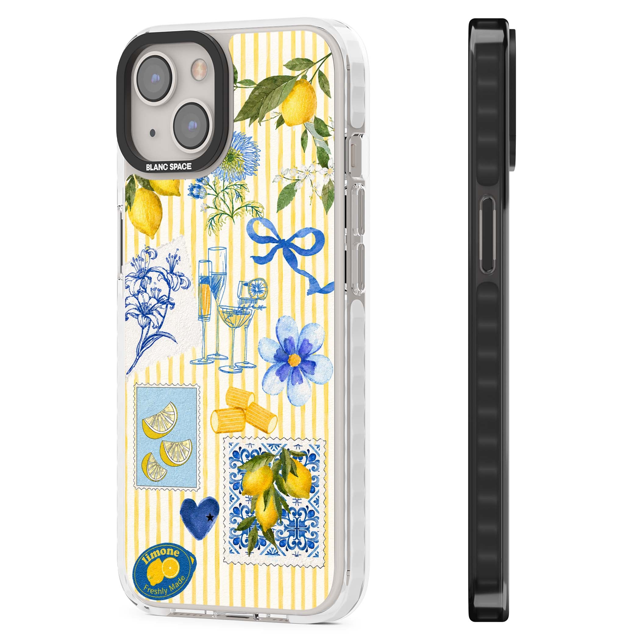 Limone Riviera Italian summer iPhone case featuring watercolour lemons, blue ribbon bows and majolica tile stamps on... | Impact Magsafe case for iPhone 13, iPhone 14, iPhone 15