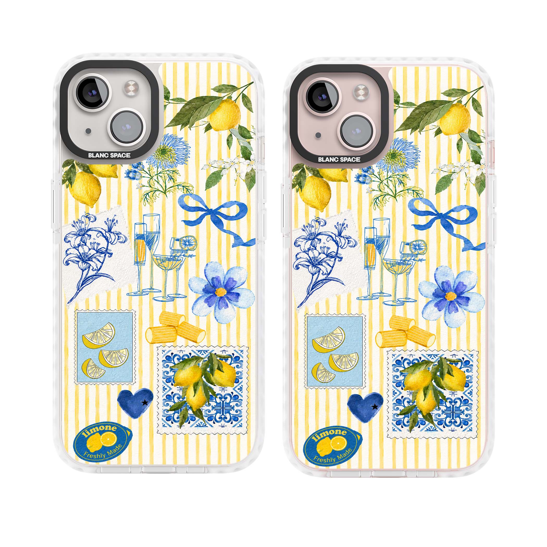 Limone Riviera Italian summer iPhone case featuring watercolour lemons, blue ribbon bows and majolica tile stamps on... | Impact Magsafe case for iPhone 13, iPhone 14, iPhone 15