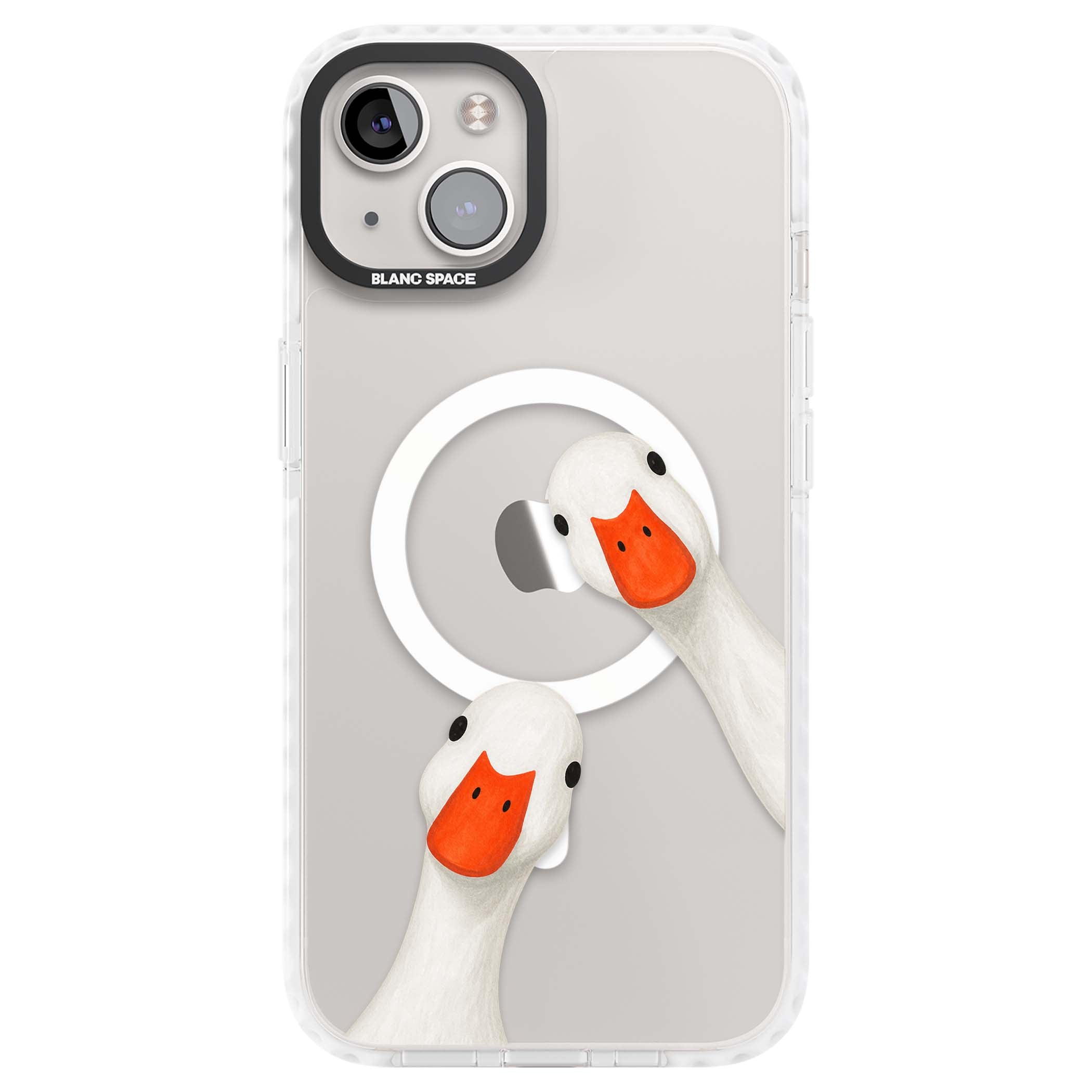 Nosy Ducks cottagecore iPhone case featuring two peeking white ducks with orange beaks on a clear background | Impact Magsafe case for iPhone 13, iPhone 14, iPhone 15