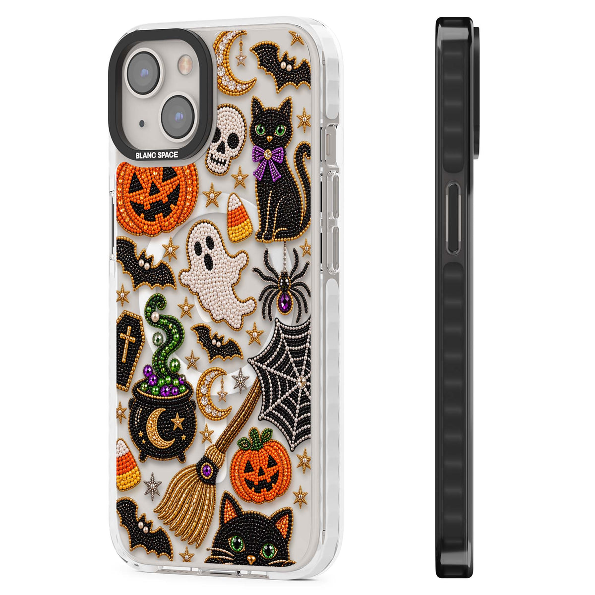 Beaded Halloween Halloween iPhone case featuring beaded pumpkins, ghosts, black cats and bats | Impact Magsafe case for iPhone 13, iPhone 14, iPhone 15