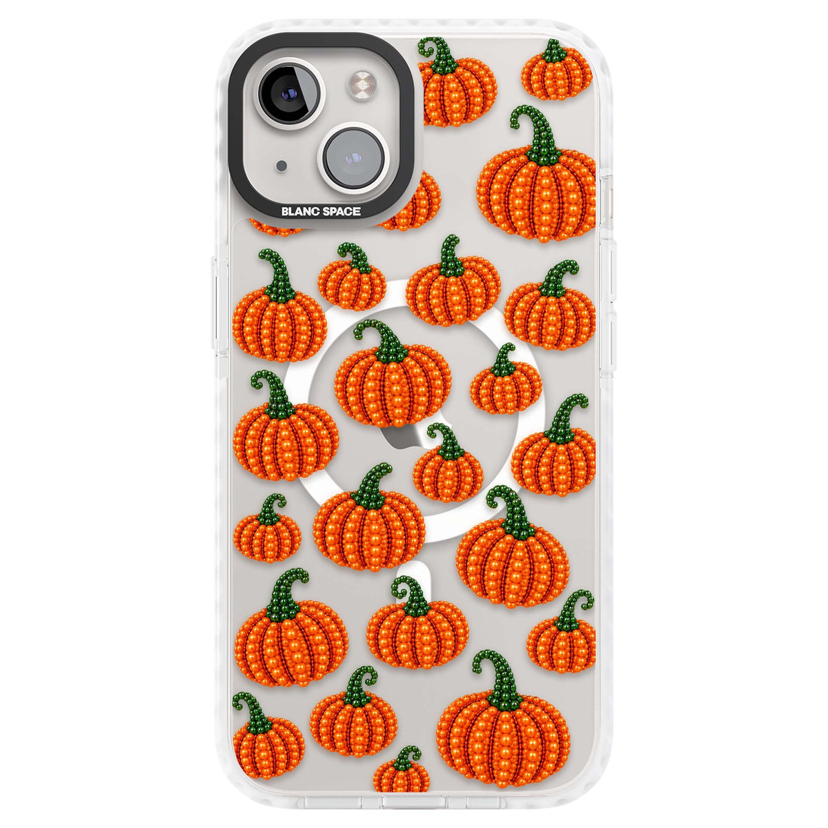 Beaded Pumpkins halloween iPhone case featuring beaded orange pumpkins with green stems on a clear background | Impact Magsafe case for iPhone 13, iPhone 14, iPhone 15