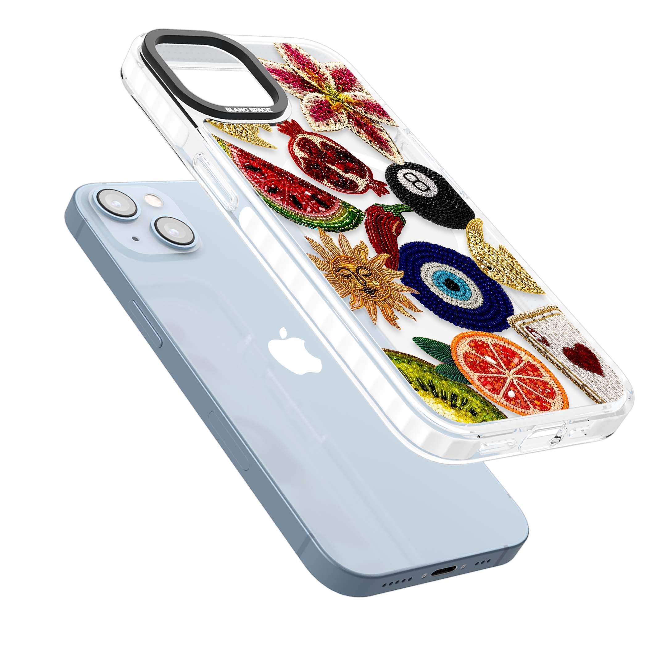 Beaded Charms embroidery iPhone case featuring beaded evil eye, fruit patches and a golden sun motif | Impact Magsafe case for iPhone 13, iPhone 14, iPhone 15
