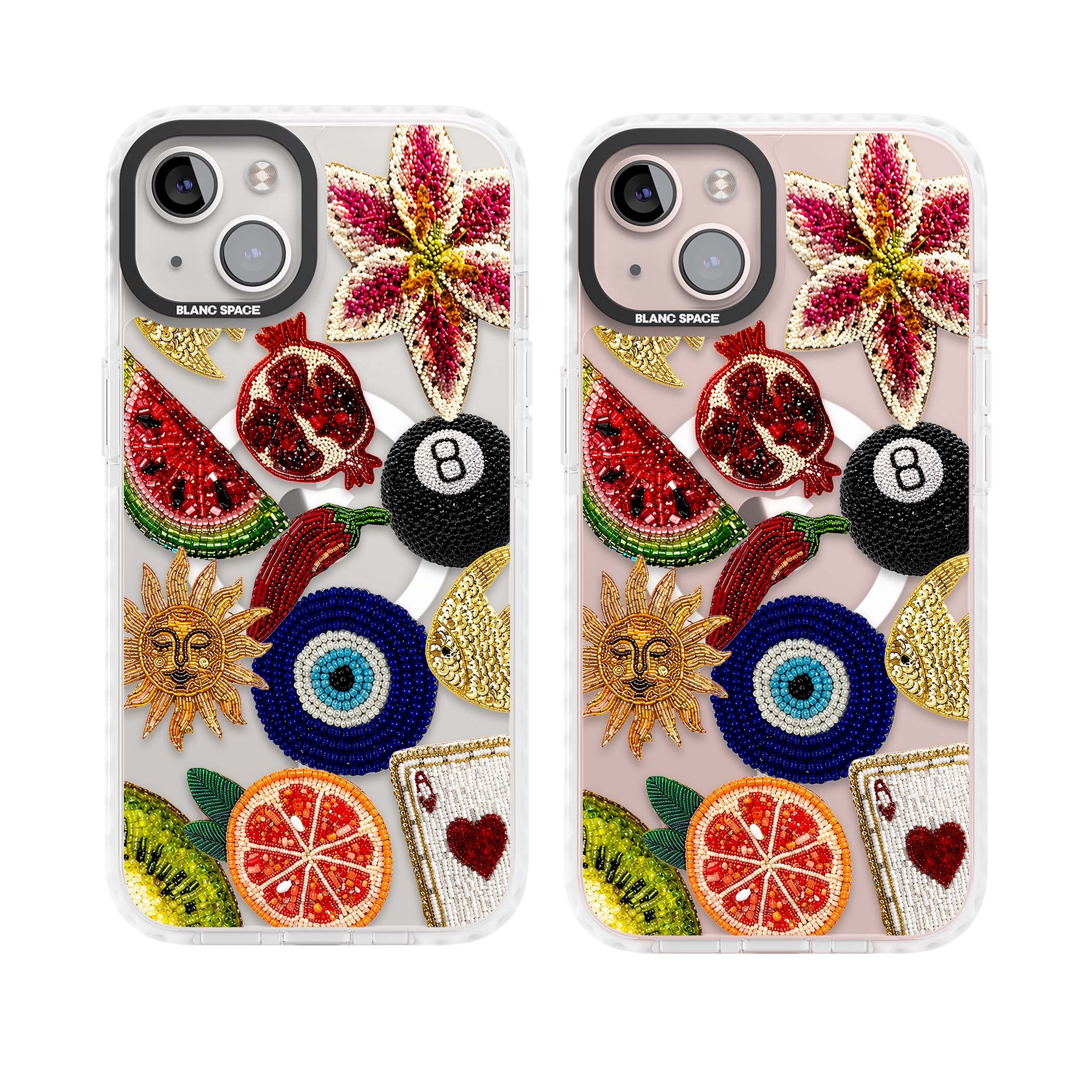 Beaded Charms embroidery iPhone case featuring beaded evil eye, fruit patches and a golden sun motif | Impact Magsafe case for iPhone 13, iPhone 14, iPhone 15