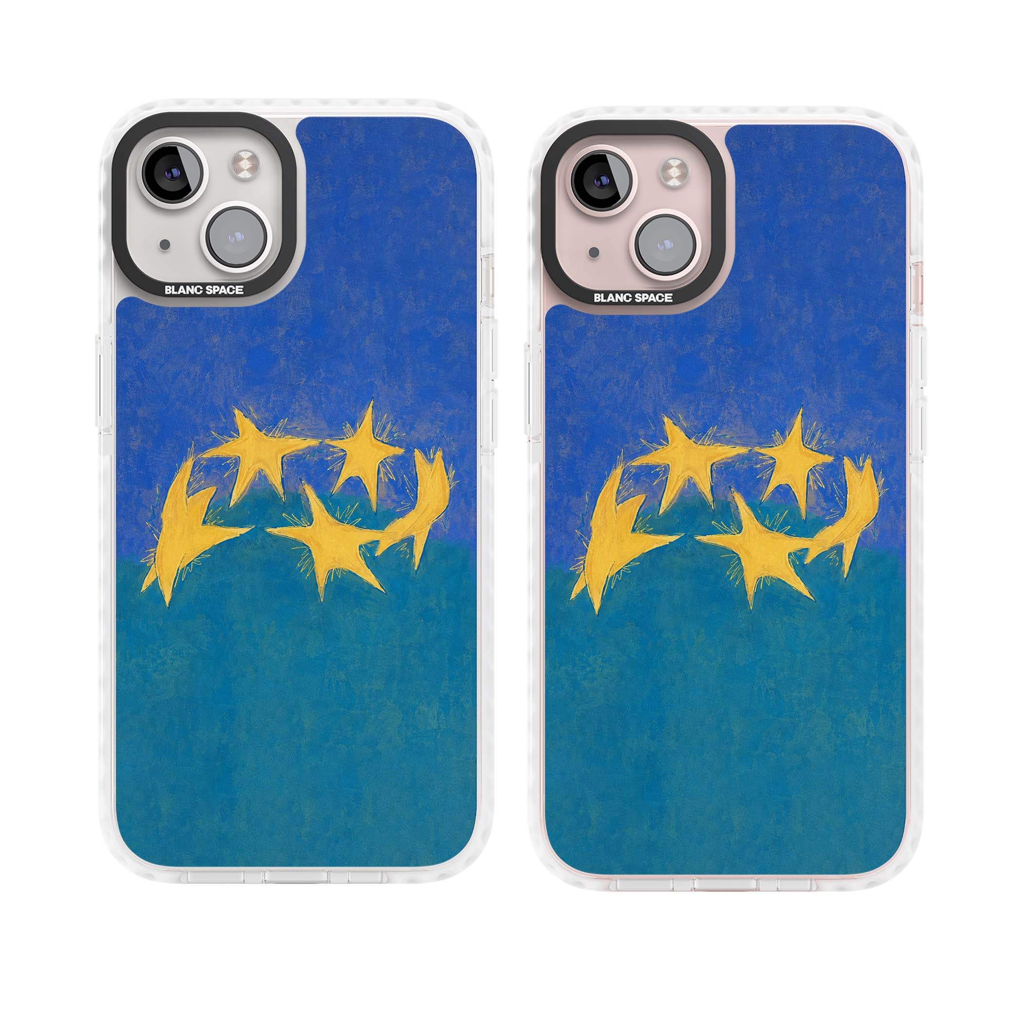 Star Boogie stars aesthetic iPhone case featuring five yellow hand-painted stars on cobalt blue and teal | Impact Magsafe case for iPhone 13, iPhone 14, iPhone 15
