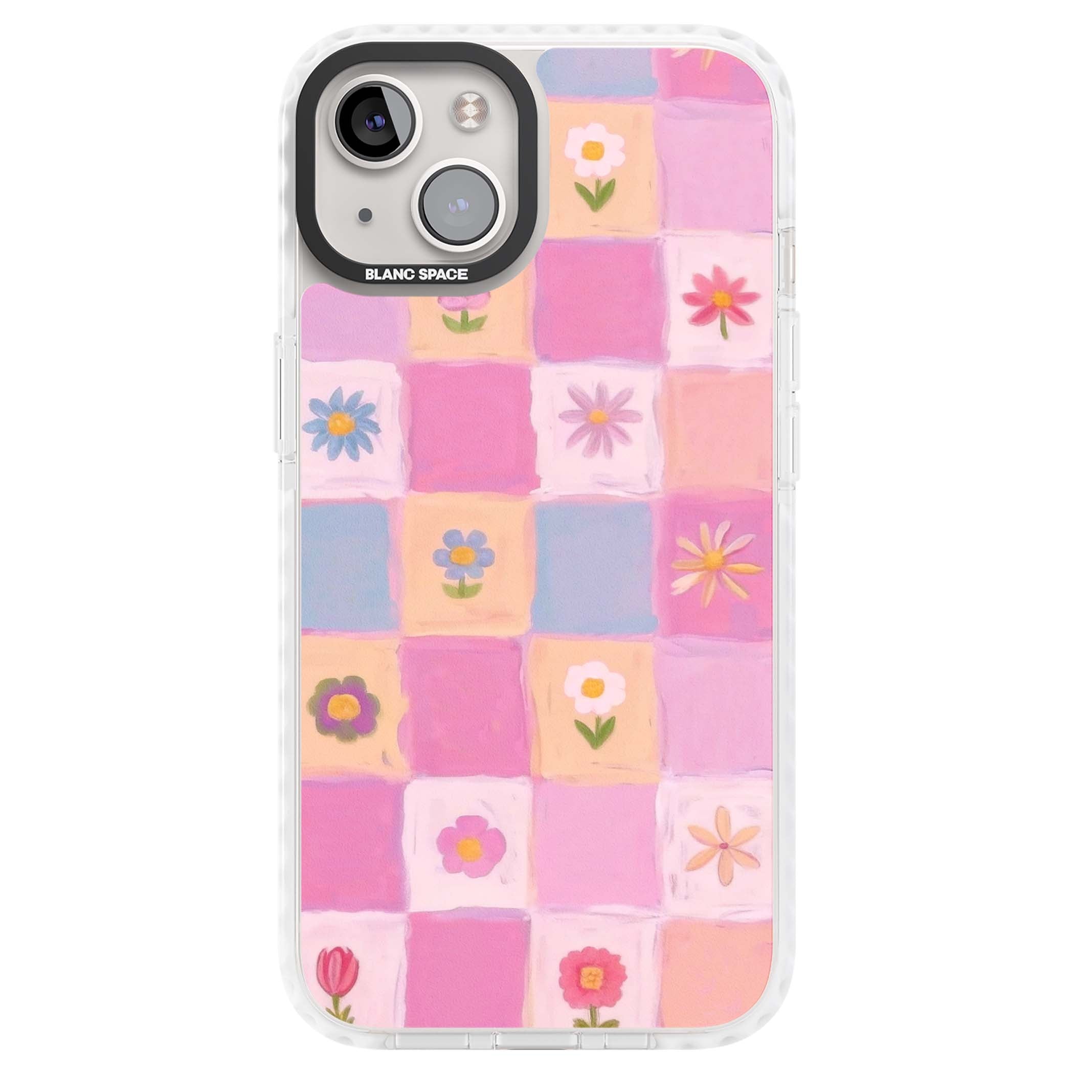 Pastel Flower Patchwork cottagecore iPhone case featuring painted pink and lilac squares with daisies and wildflowers | Impact Magsafe case for iPhone 13, iPhone 14, iPhone 15