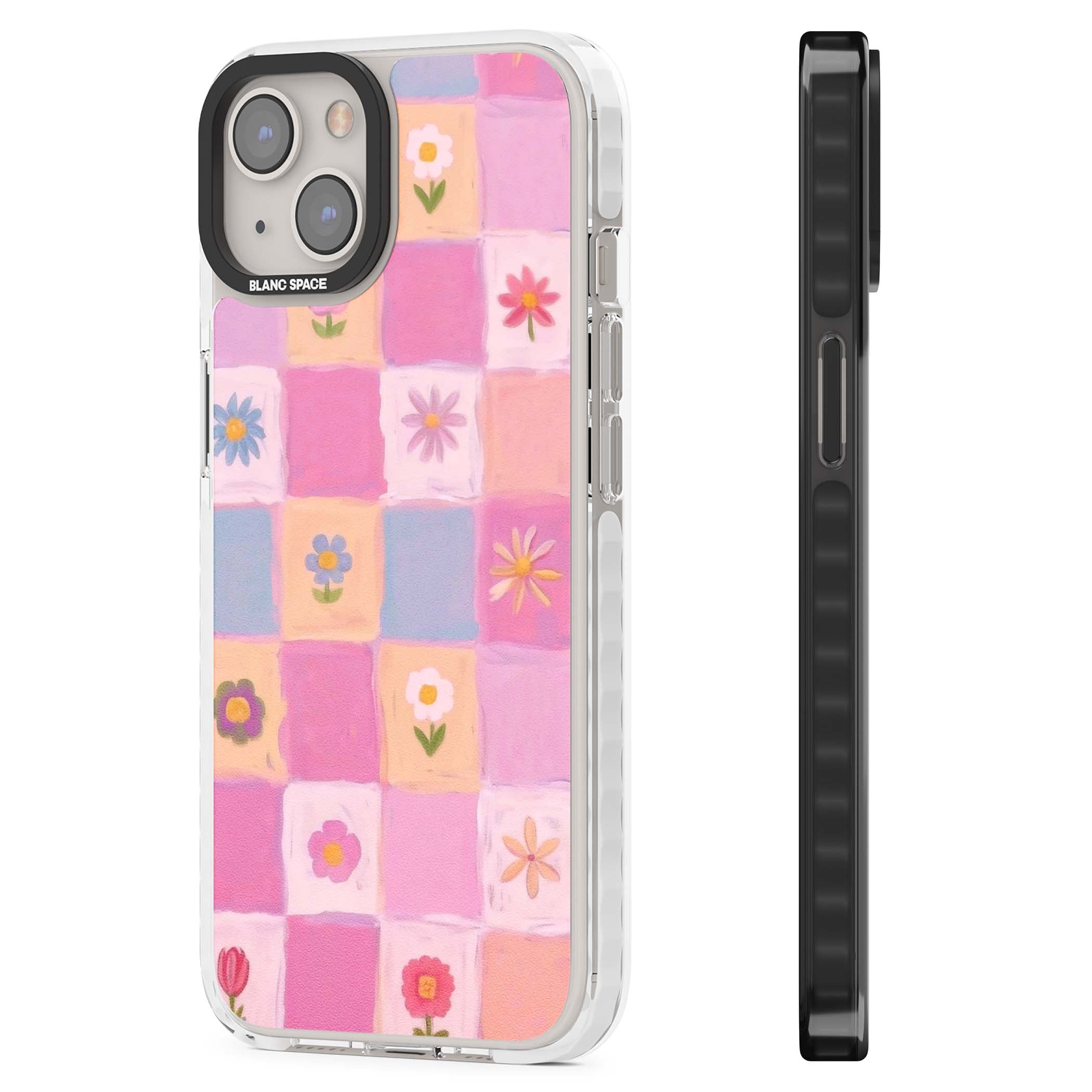 Pastel Flower Patchwork cottagecore iPhone case featuring painted pink and lilac squares with daisies and wildflowers | Impact Magsafe case for iPhone 13, iPhone 14, iPhone 15