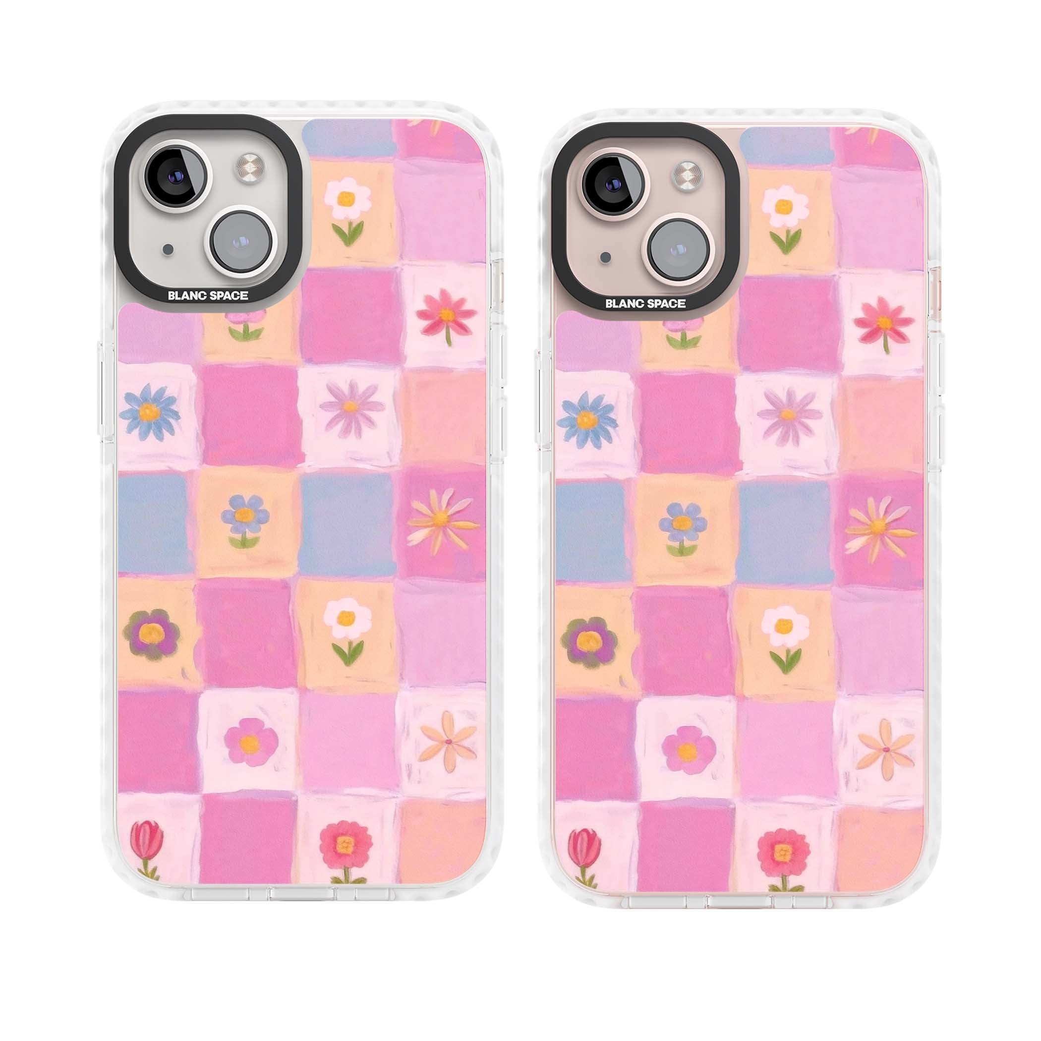 Pastel Flower Patchwork cottagecore iPhone case featuring painted pink and lilac squares with daisies and wildflowers | Impact Magsafe case for iPhone 13, iPhone 14, iPhone 15
