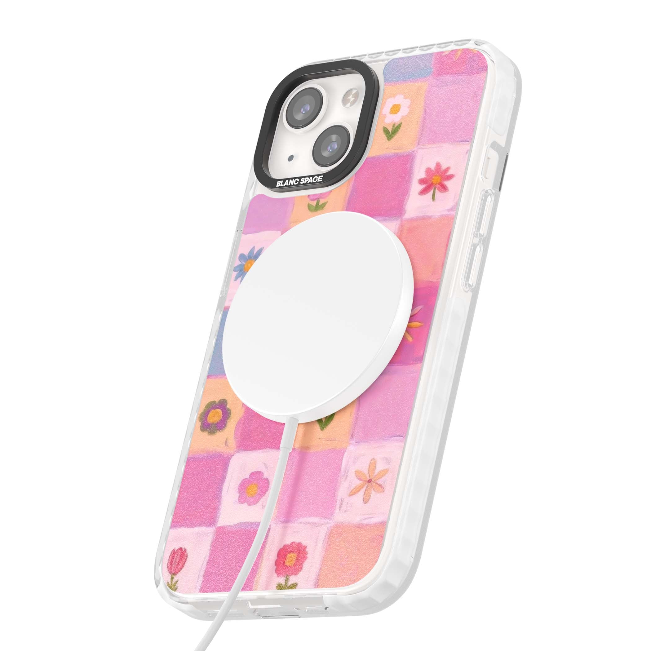 Pastel Flower Patchwork cottagecore iPhone case featuring painted pink and lilac squares with daisies and wildflowers | Impact Magsafe case for iPhone 13, iPhone 14, iPhone 15
