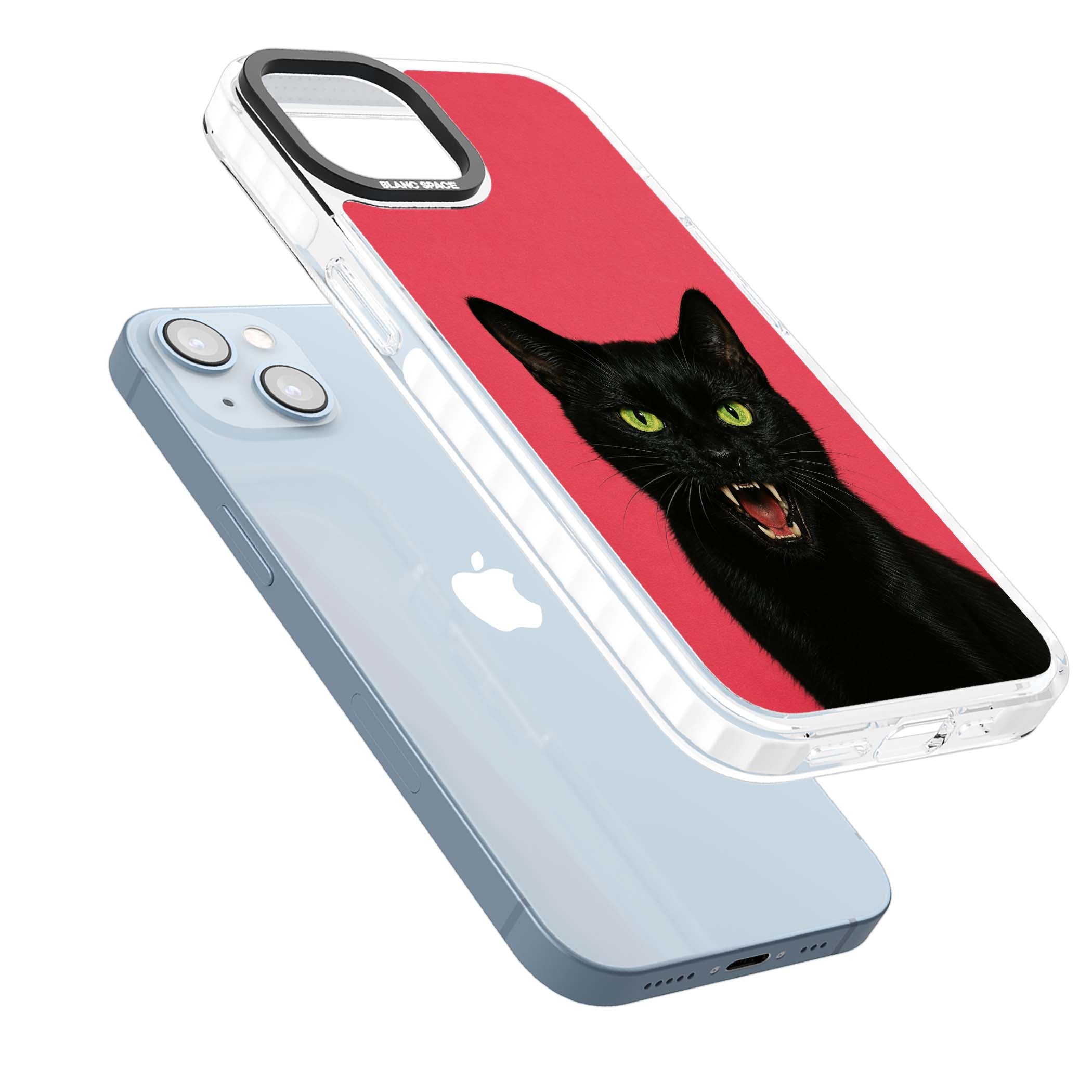 Hissin' Baddie black cat iPhone case featuring a hissing feline with green eyes on a hot pink background | Impact Magsafe case for iPhone 13, iPhone 14, iPhone 15