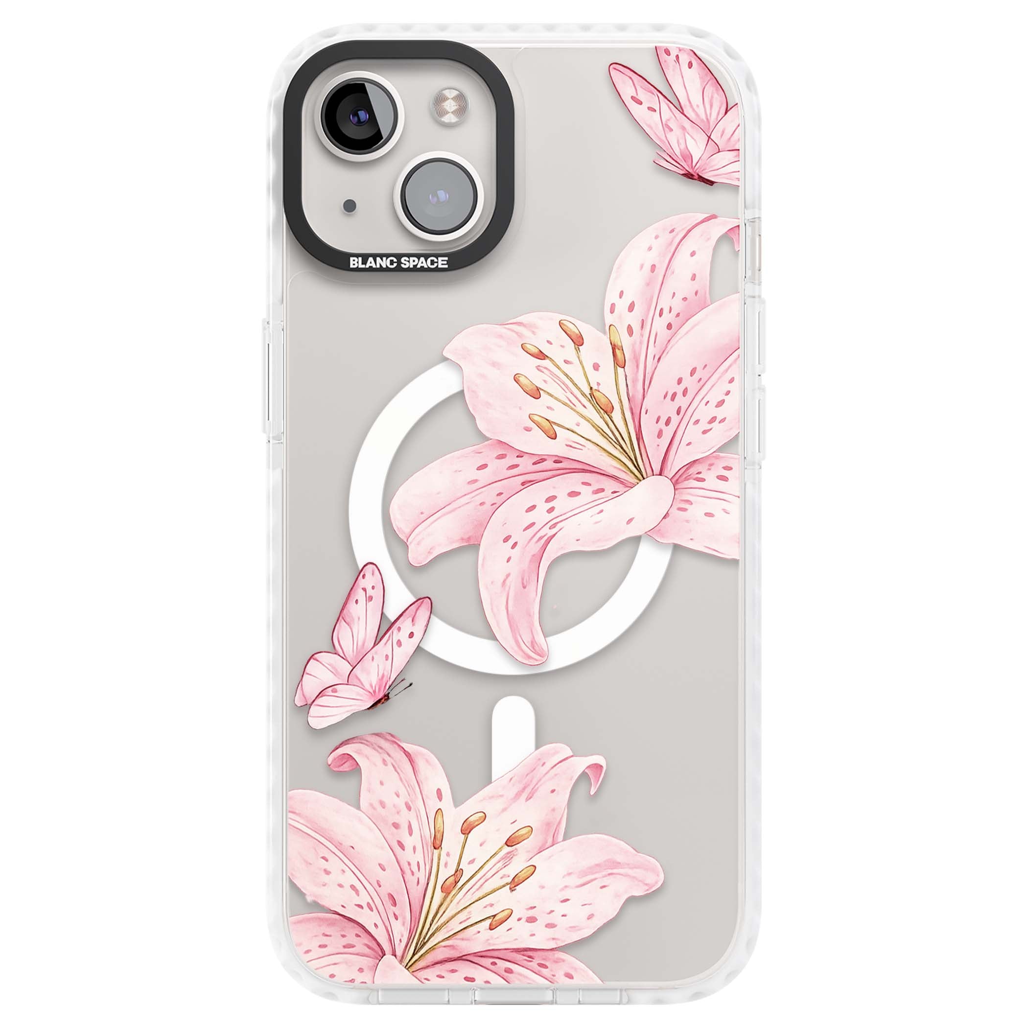 Lily Whisper floral iPhone case featuring pink watercolour lilies and delicate butterflies on a clear background | Impact Magsafe case for iPhone 13, iPhone 14, iPhone 15