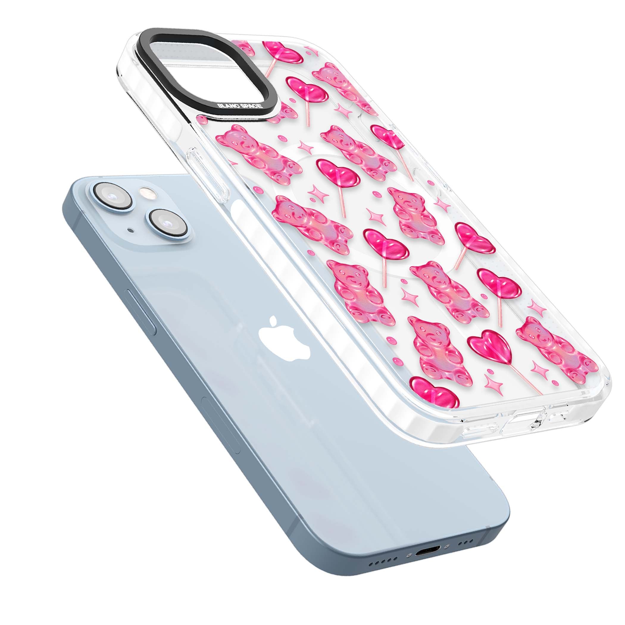 Pink Sugar pinkcore iPhone case featuring pink gummy bears, heart-shaped lollipops and sparkle stars | Impact Magsafe case for iPhone 13, iPhone 14, iPhone 15