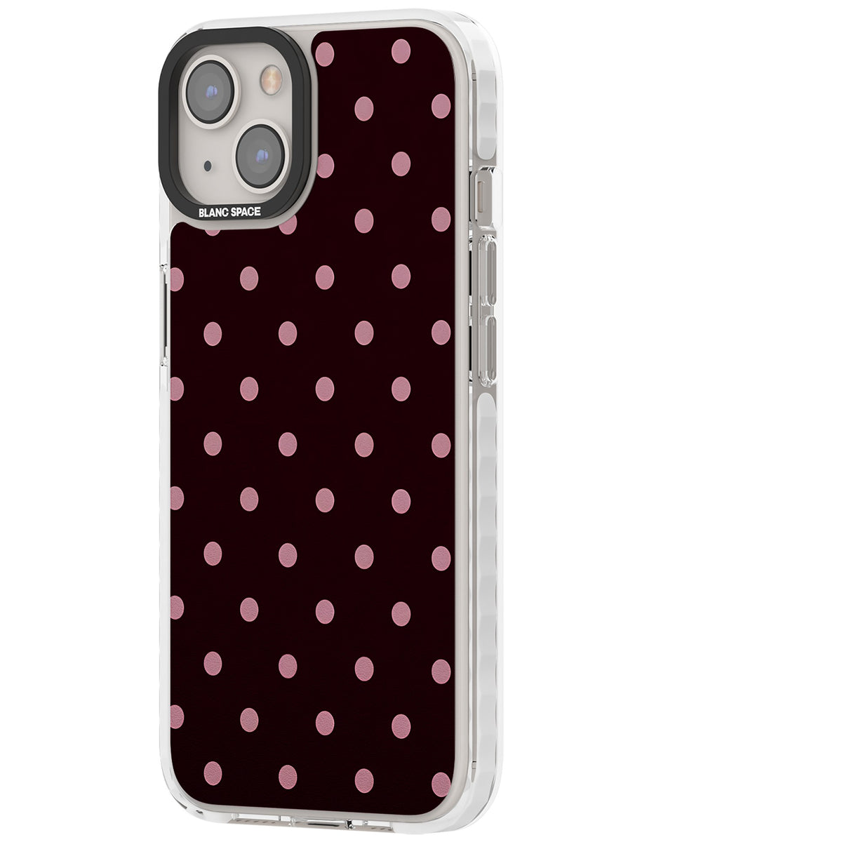 Merlot Dots polka dot iPhone case featuring dusty pink spots on a deep burgundy background in a retro grid iPhone 12 / 12 Pro / iPhone 12 / iPhone 12 Pro / iPhone 13 / iPhone 14 / iPhone 14 Plus / iPhone 15 / iPhone 15 Plus Impact Pro Clear Phone Case side