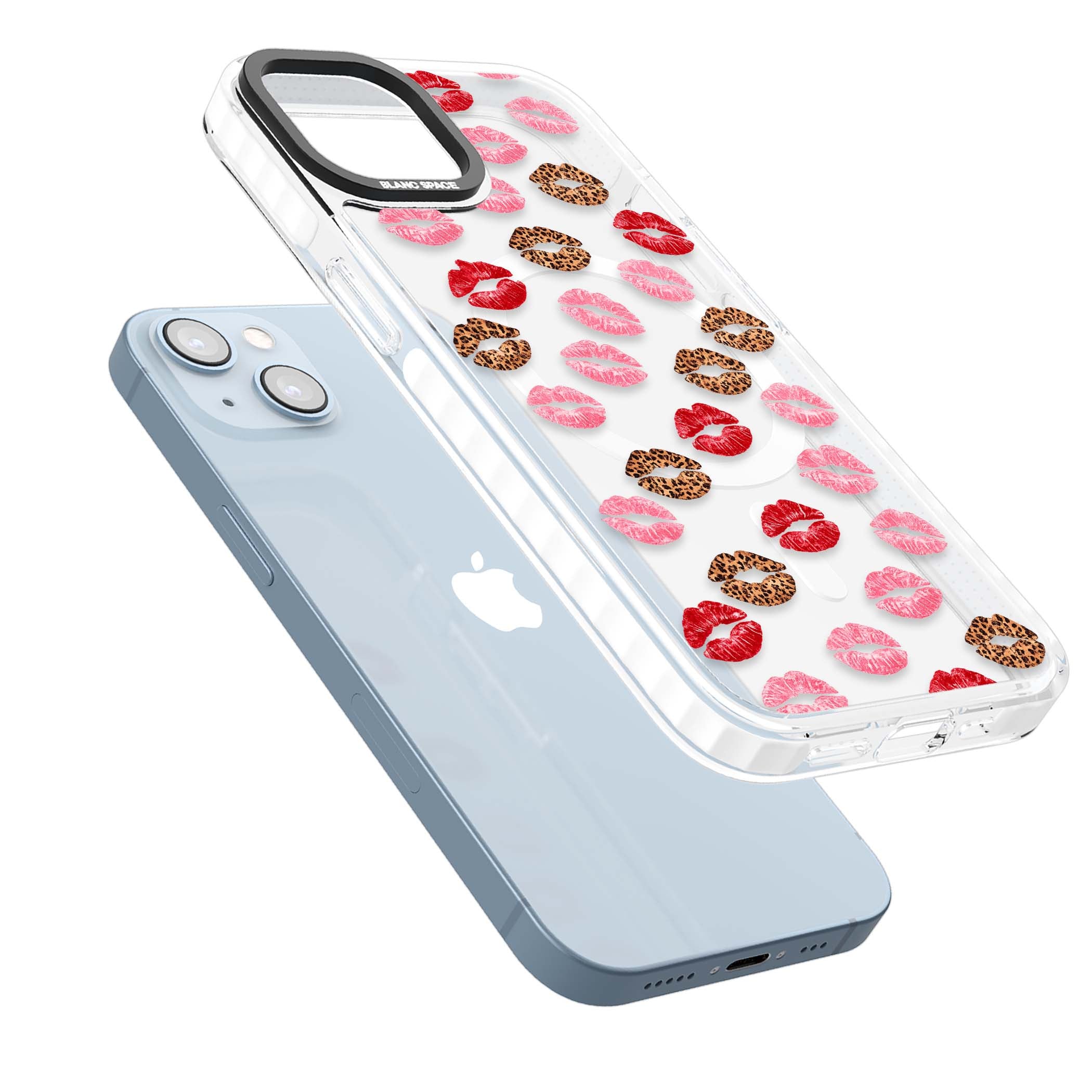 Wild Kisses coquette iPhone case featuring red, pink and leopard print lipstick kiss marks on a clear background | Impact Magsafe case for iPhone 13, iPhone 14, iPhone 15