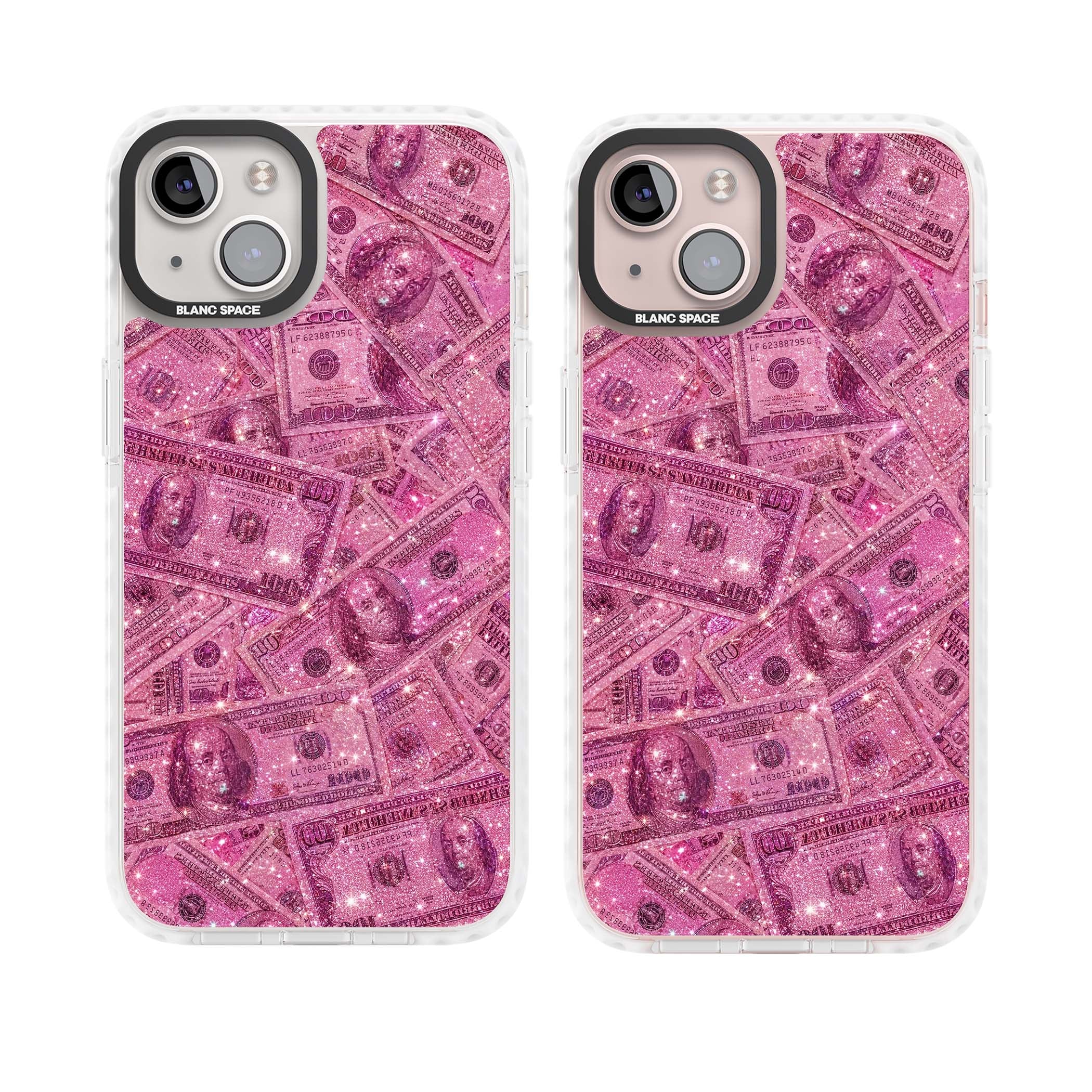 Glamorous baddie iPhone case featuring pink glitter hundred dollar bills and sparkling money wallpaper design | Impact Magsafe case for iPhone 13, iPhone 14, iPhone 15