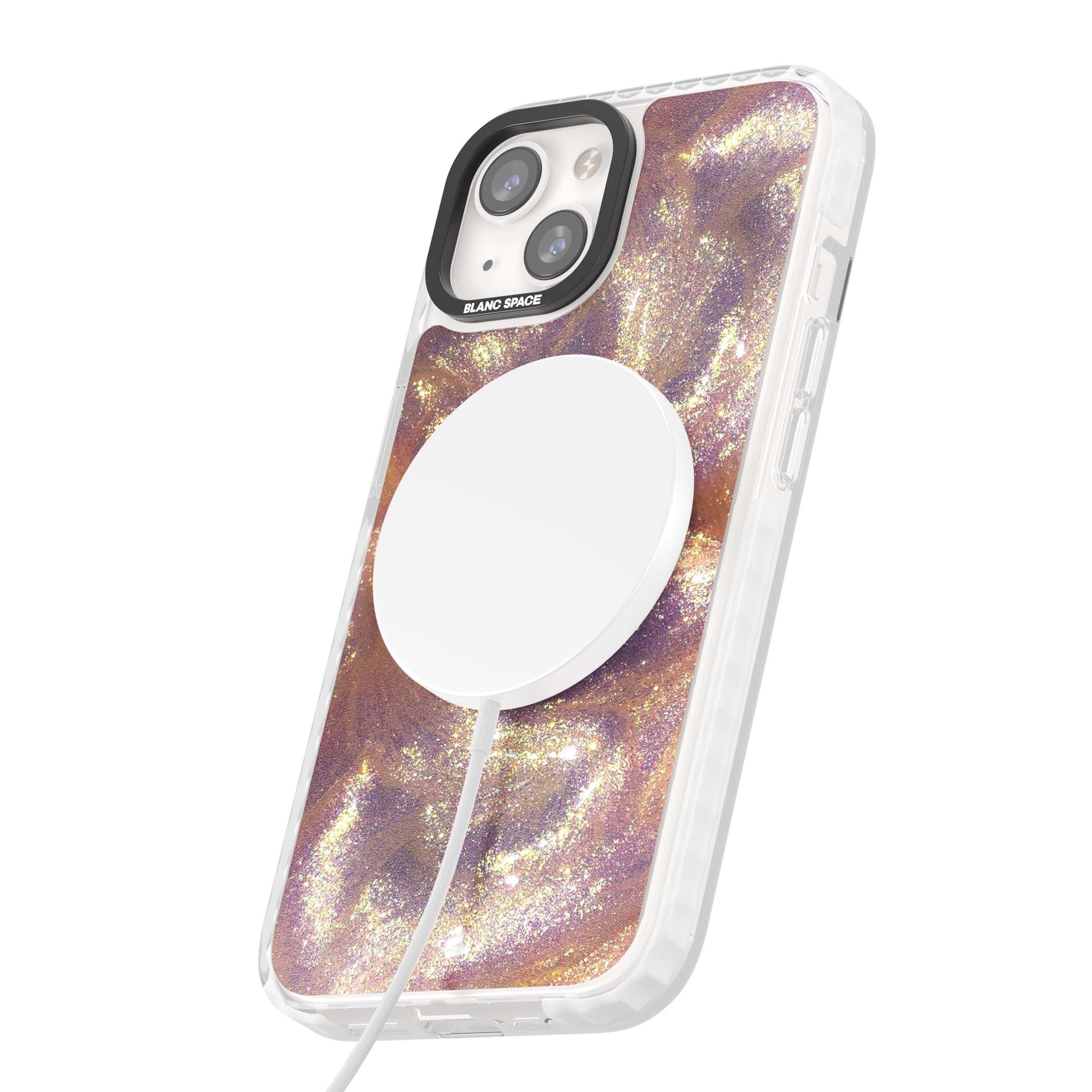 Shimmer marble iPhone case featuring rose gold glitter swirls, lilac shimmer and iridescent pearl finish | Impact Magsafe case for iPhone 13, iPhone 14, iPhone 15