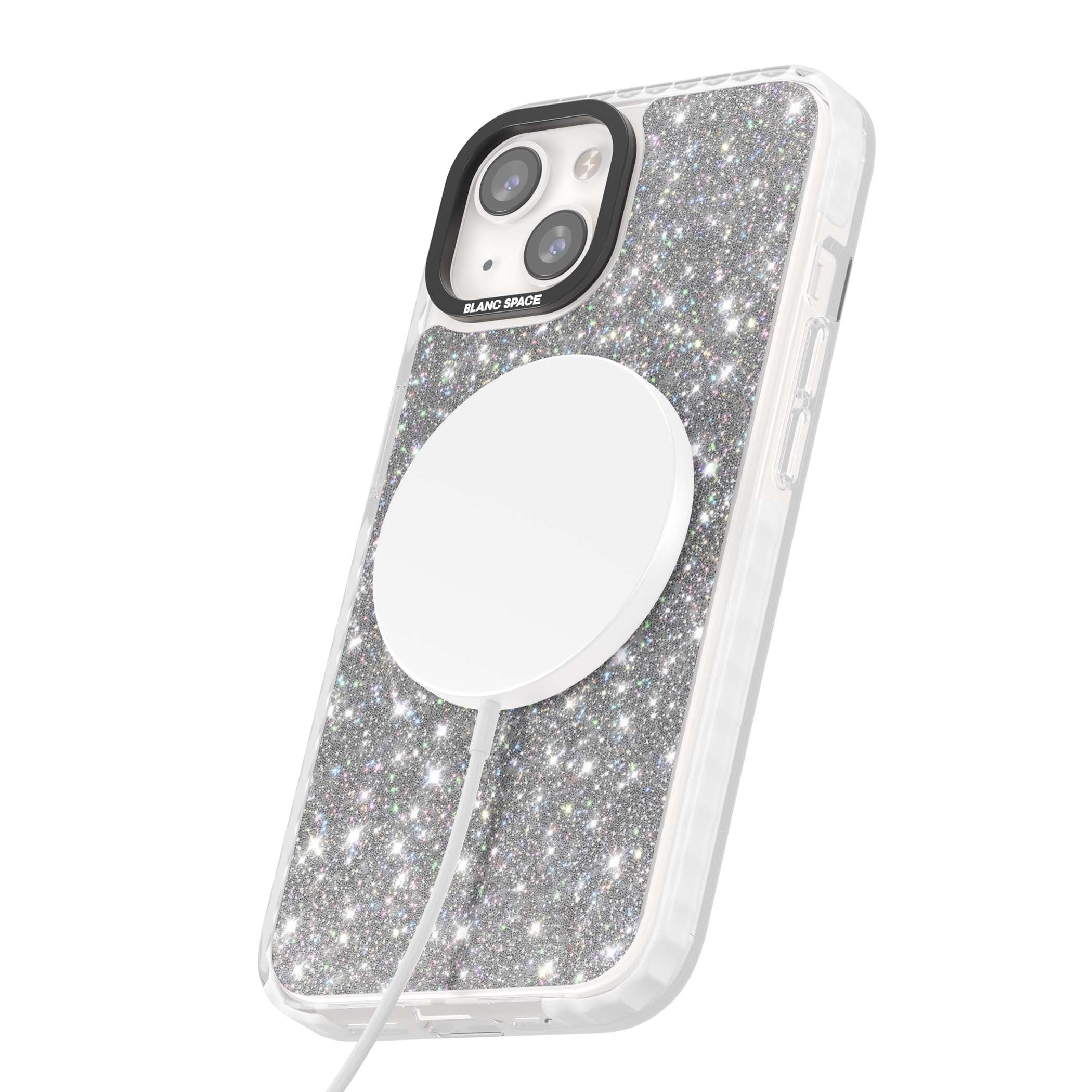 Diamond glam iPhone case featuring silver glitter sparkle and shimmering diamond dust effect | Impact Magsafe case for iPhone 13, iPhone 14, iPhone 15