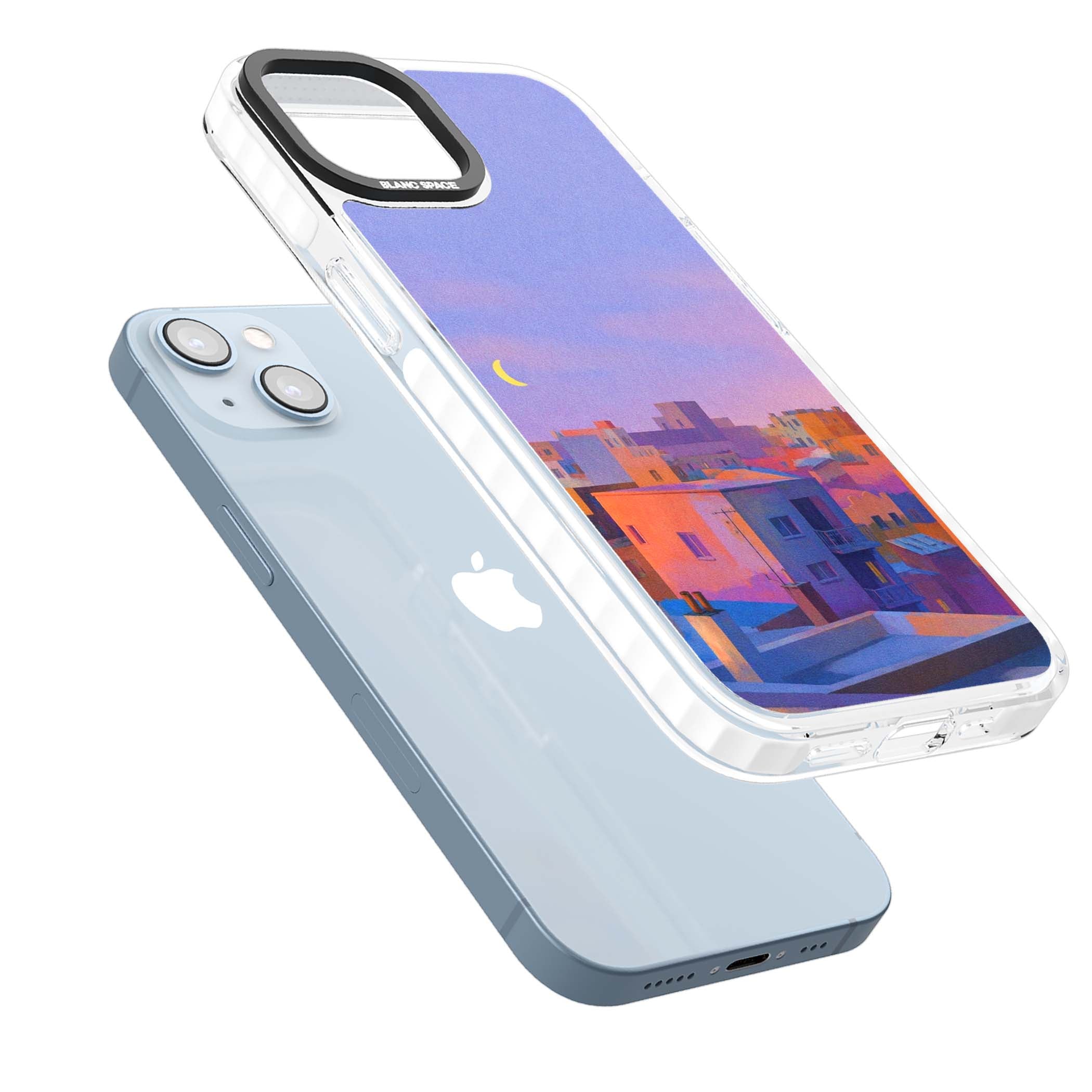 Twilight Rooftops vaporwave iPhone case featuring a pastel sunset cityscape, painted rooftops and a crescent moon. | Impact Magsafe case for iPhone 13, iPhone 14, iPhone 15