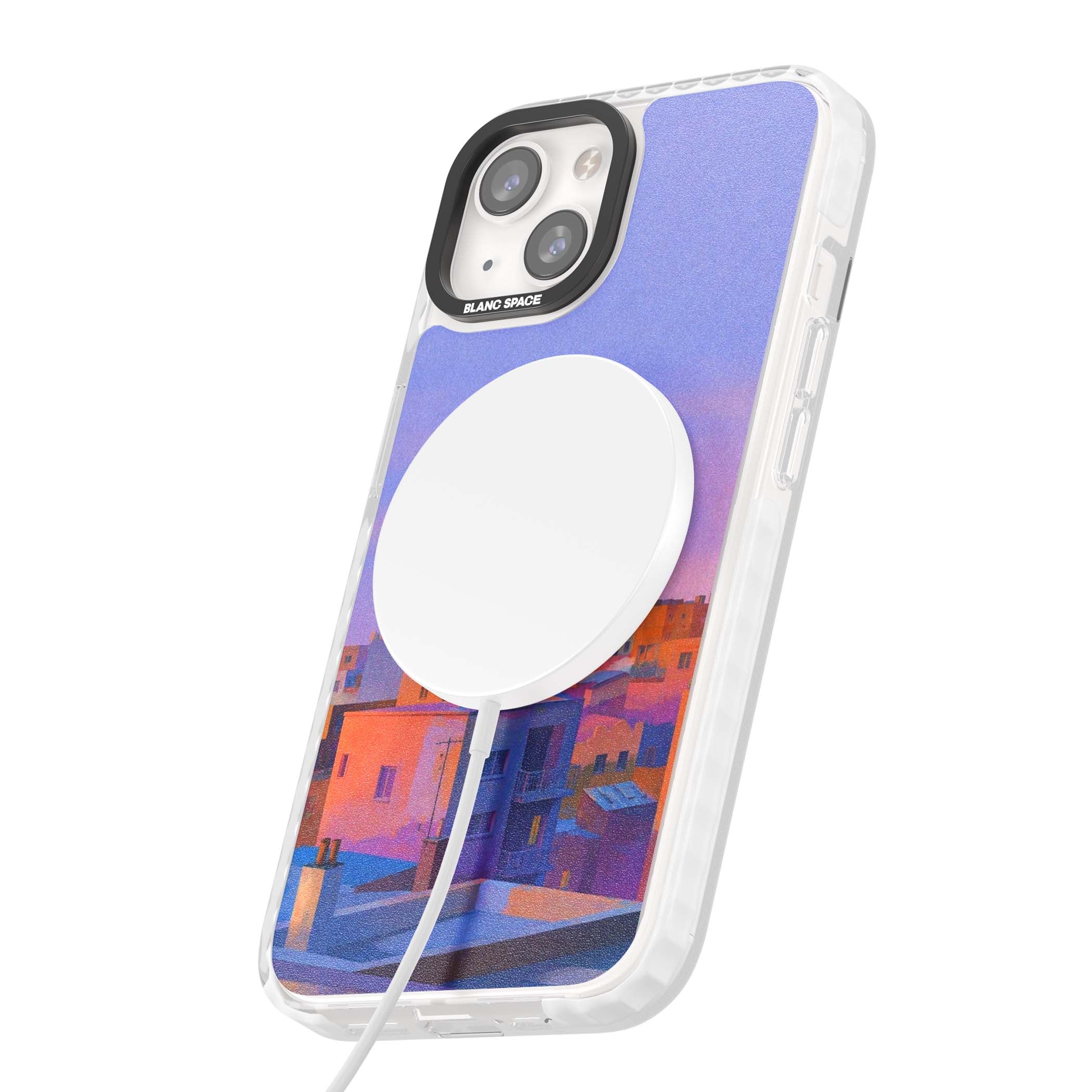 Twilight Rooftops vaporwave iPhone case featuring a pastel sunset cityscape, painted rooftops and a crescent moon. | Impact Magsafe case for iPhone 13, iPhone 14, iPhone 15